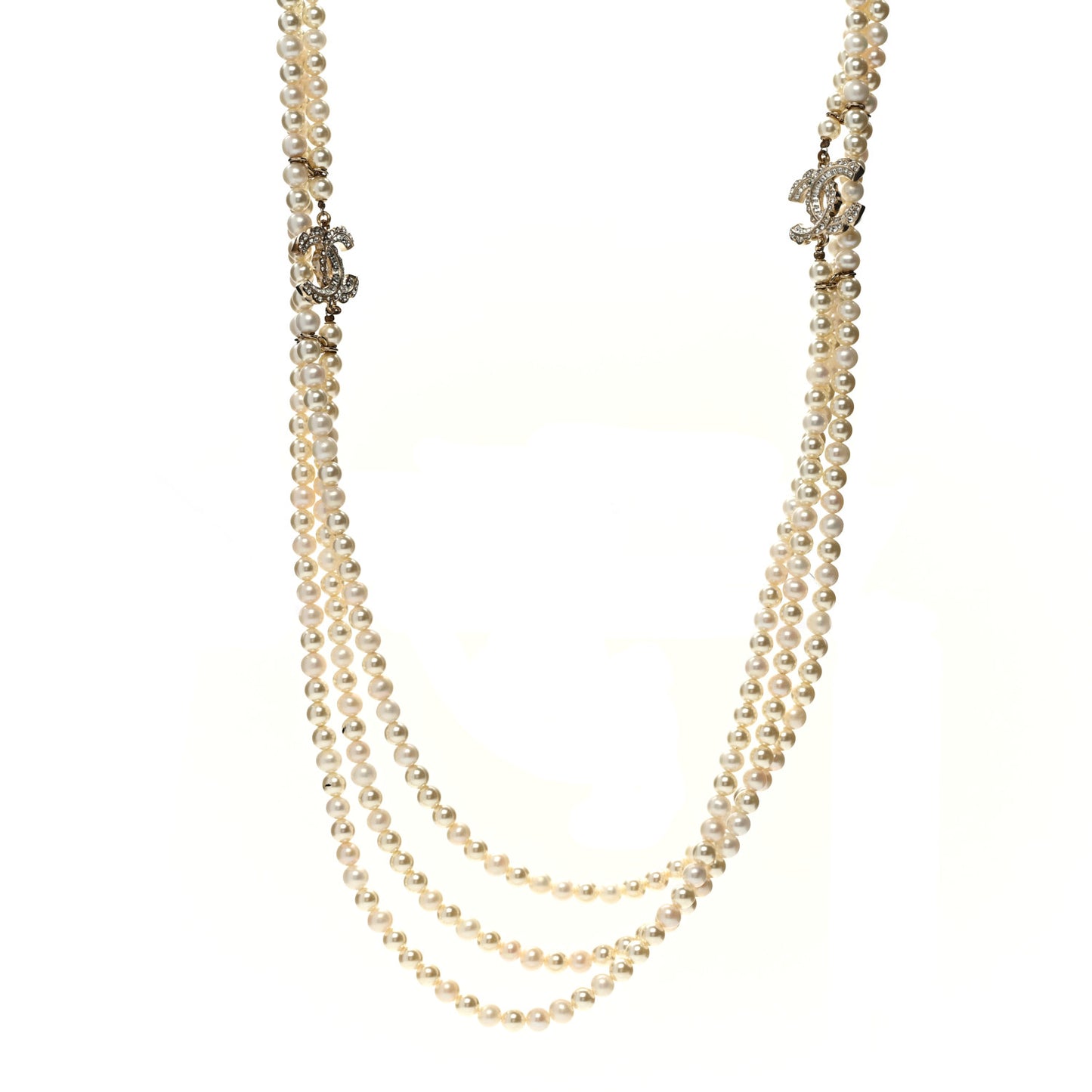 Pearl Crystal Baguette Multi Strand CC Necklace Gold