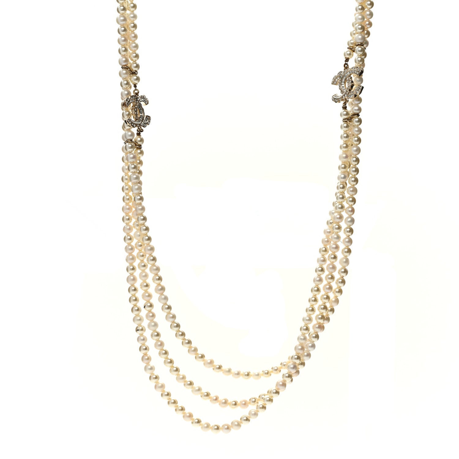 Chanel Pearl Crystal Baguette Multi Strand CC Necklace Gold 1 of 8