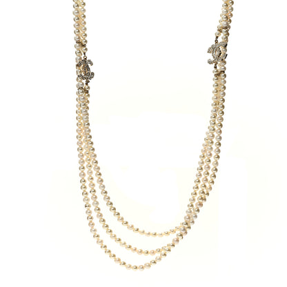 Chanel Pearl Crystal Baguette Multi Strand CC Necklace Gold 1 of 8