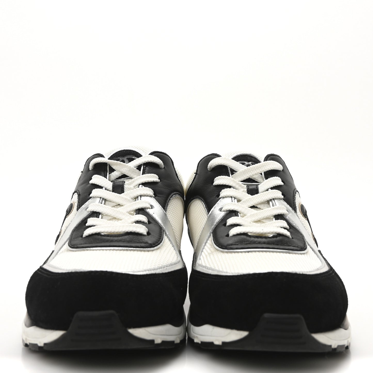 Mesh Suede Calfskin Grained Calfskin Womens CC Sneakers 40 Black White Silver
