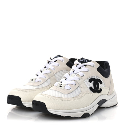 Chanel Mesh Suede Calfskin Grained Calfskin Womens CC Sneakers 36.5 White Black 4 of 13
