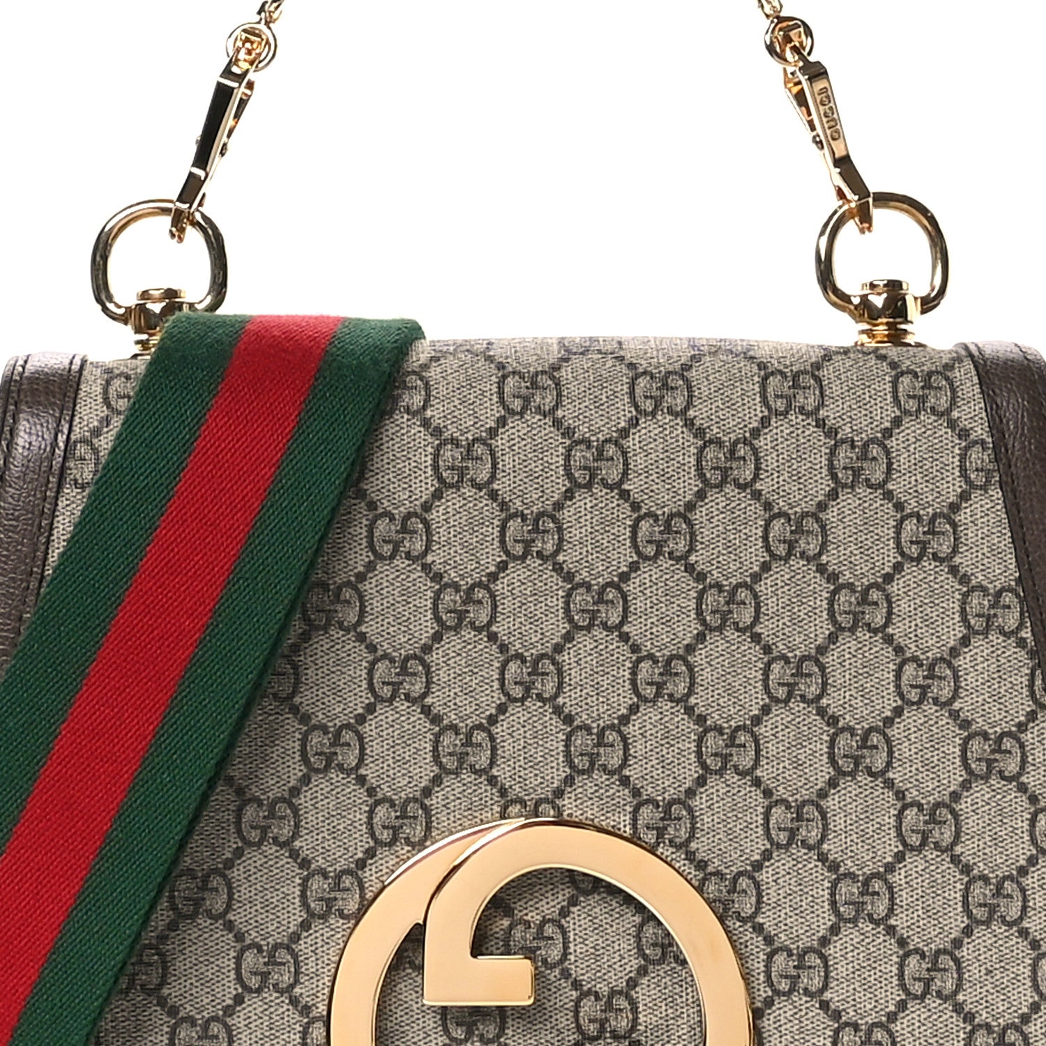 Gucci GG Supreme Monogram Textured Dollar Calfskin Web Medium Blondie Top Handle Shoulder Flap Bag Beige Ebony New Acero 8 of 11