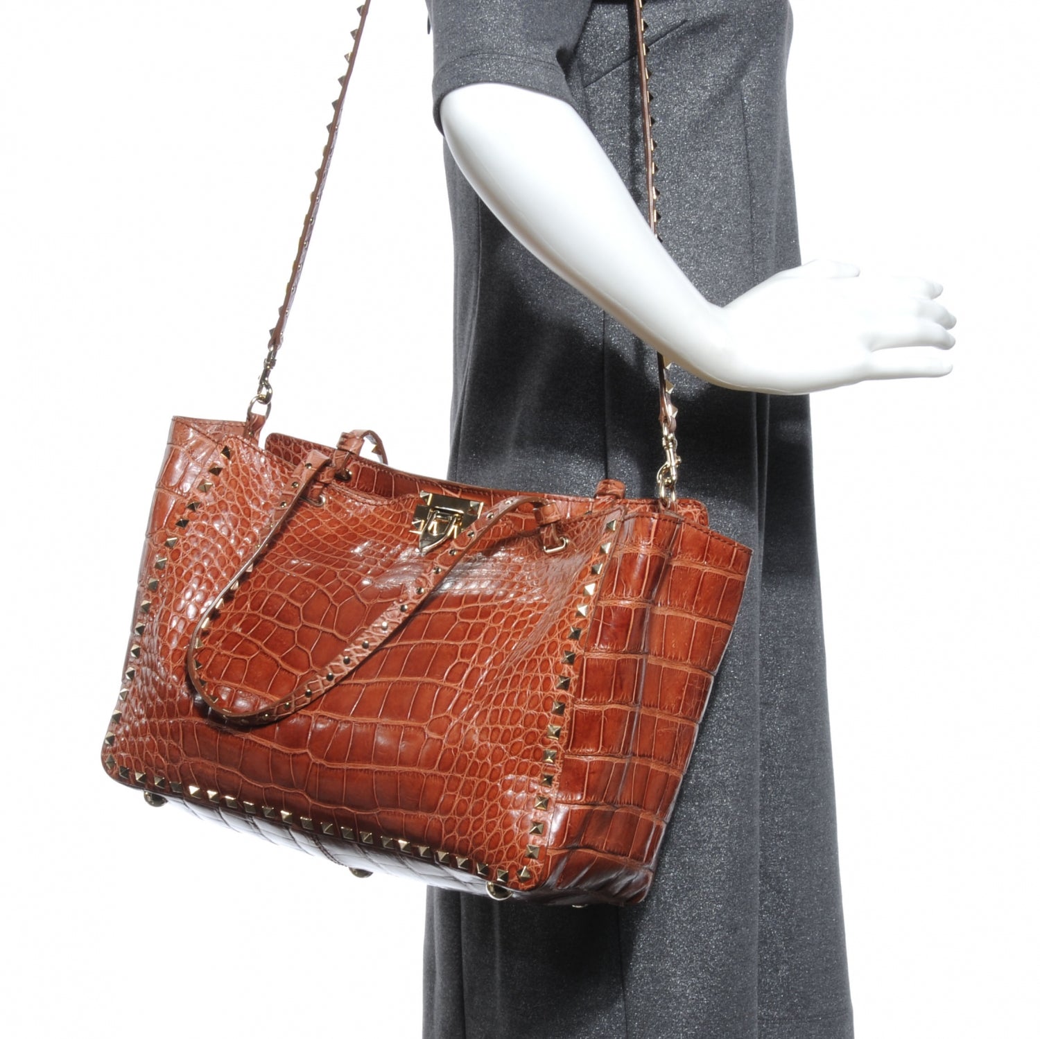 Valentino Garavani Alligator Rockstud Tote Brown 2 of 8