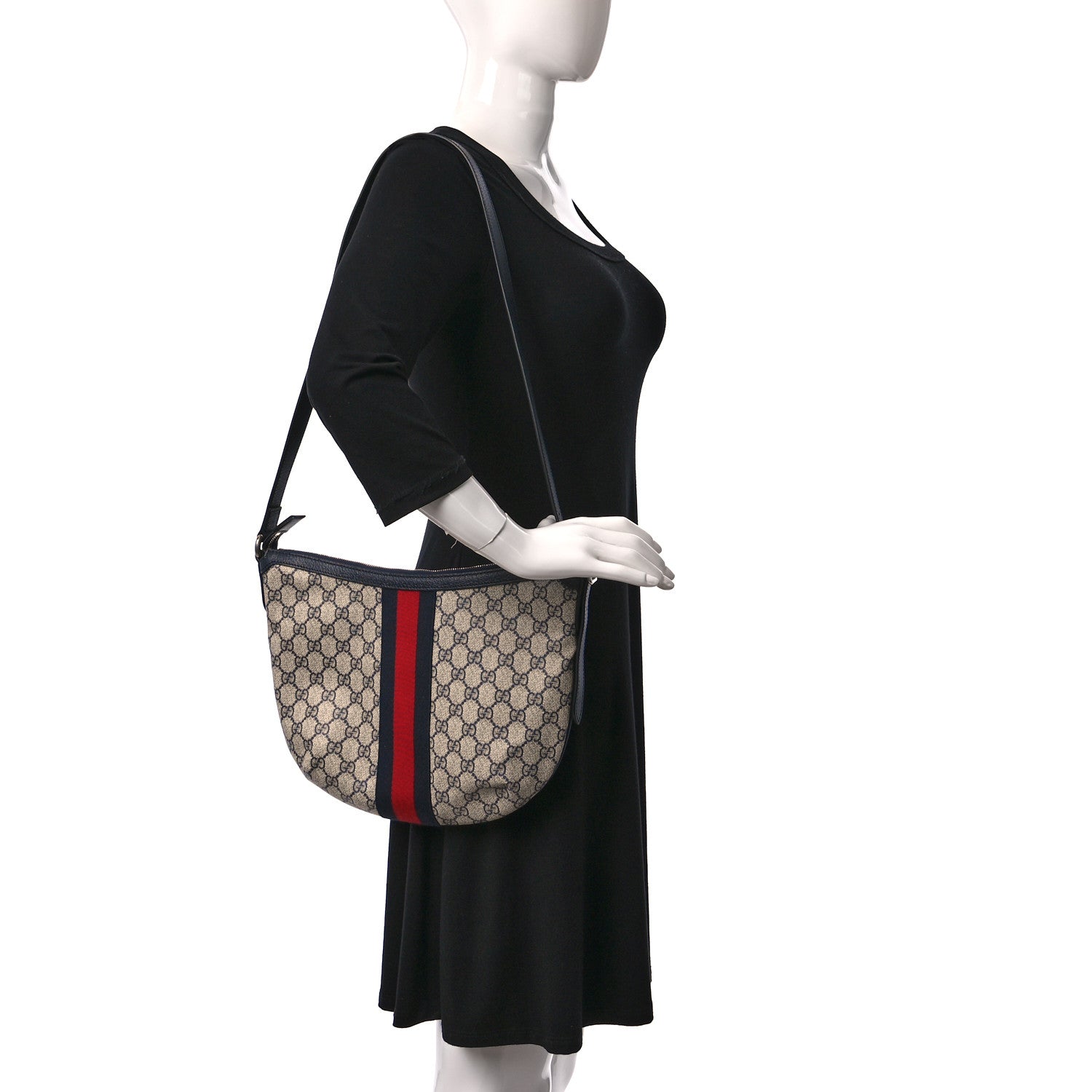 Gucci GG Supreme Monogram Textured Dollar Calfskin Web Small Ophidia Half Moon Hobo Beige Blue 2 of 7