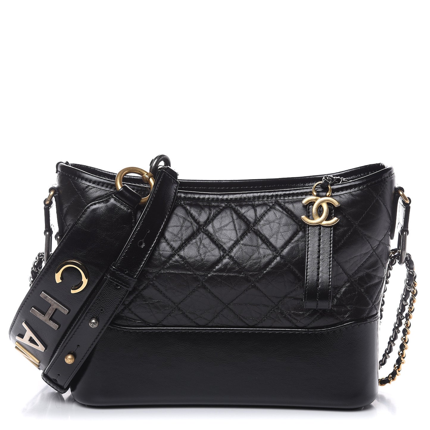 Aged Smooth Calfskin Quilted Medium Gabrielle Logo Hobo Black