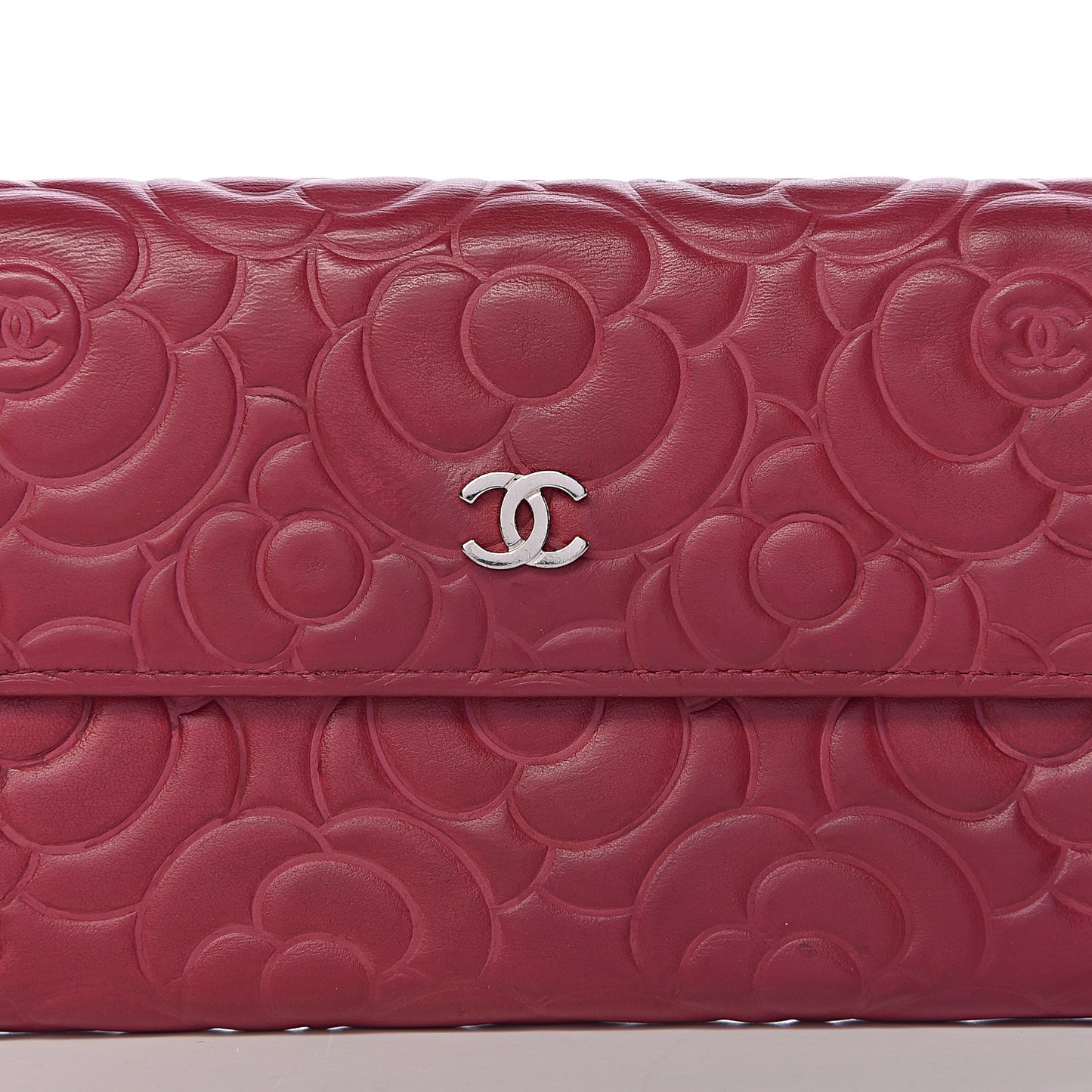 Lambskin Embossed Camellia Large Gusset Flap Wallet Pink