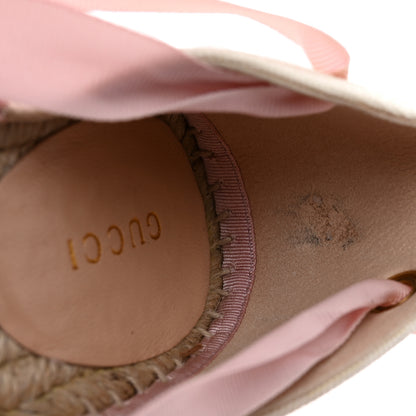 Gucci Canvas Grossgrain Embroidered Judit Ankle Wrap Platform 35/120mm Espadrille Wedges 37 White Shell 10 of 11