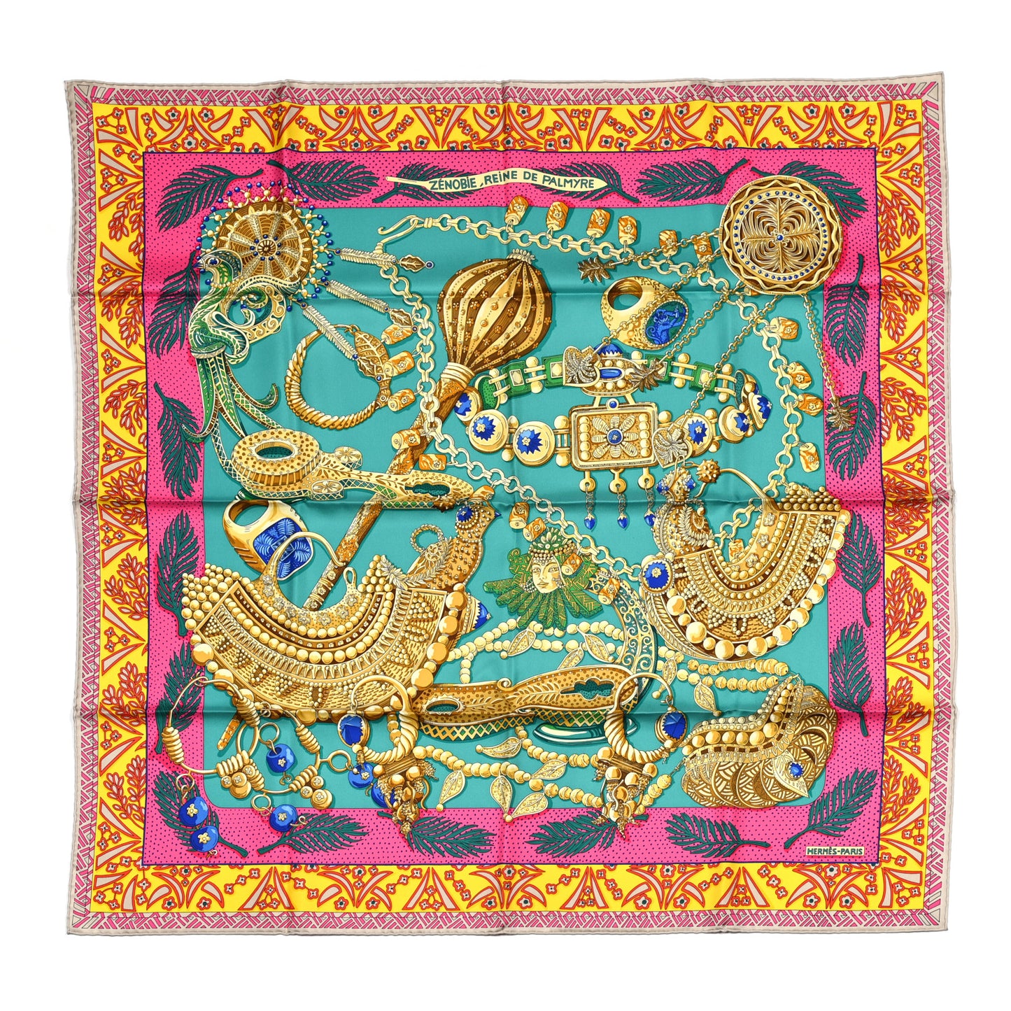 Silk Zenobie Reine De Palmyre Scarf 90 Vert d'Eau Rose Jaune Vif