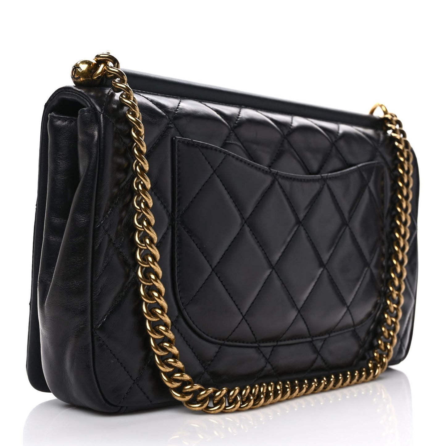 Calfskin Quilted Gold Bar Flap Black