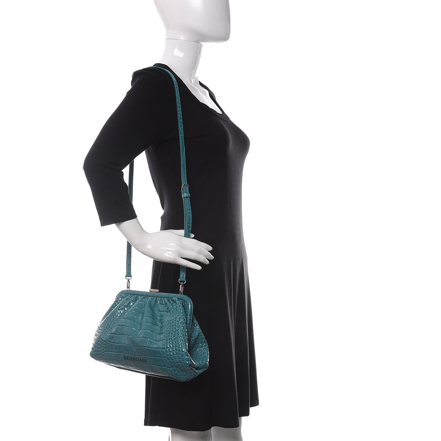 Balenciaga Shiny Supple Calfskin Logo Crocodile Embossed Cloud Crossbody Bag Jade Black 2 of 10