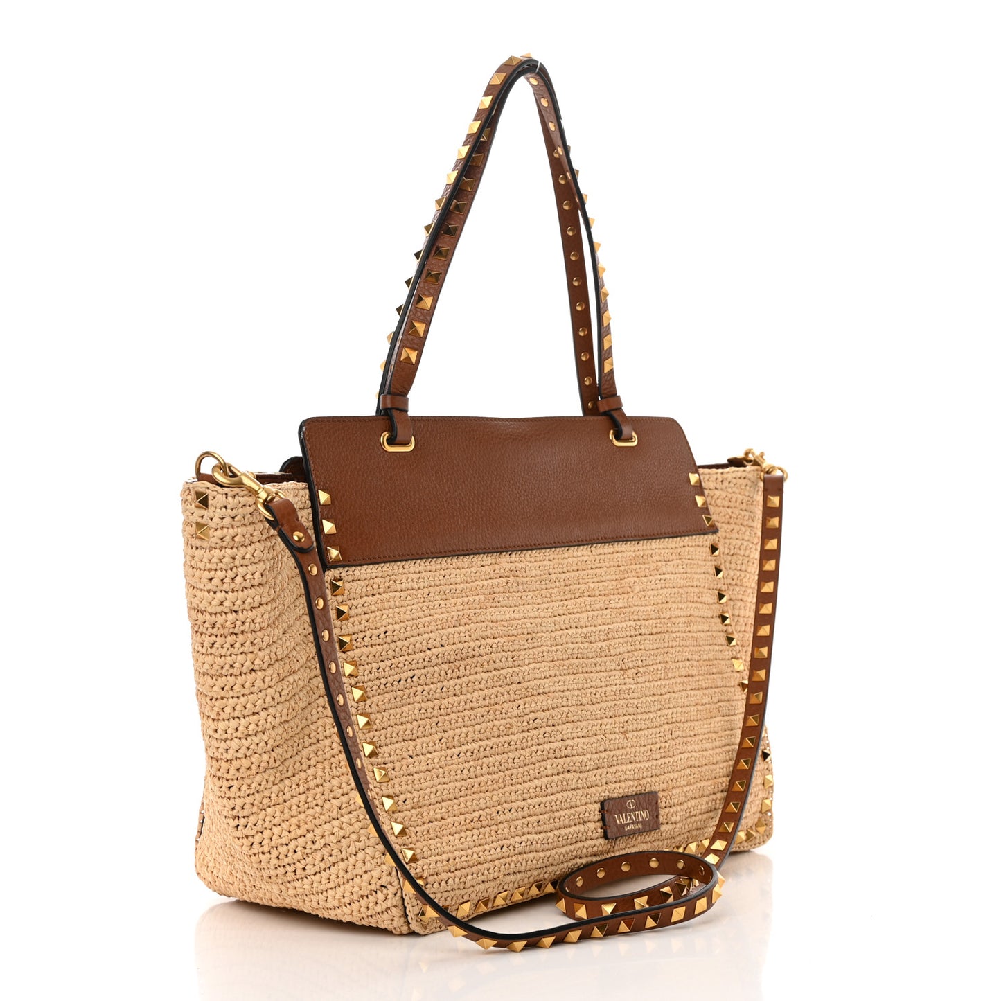 Raffia Calfskin Rockstud Tote Naturale Saddle Brown