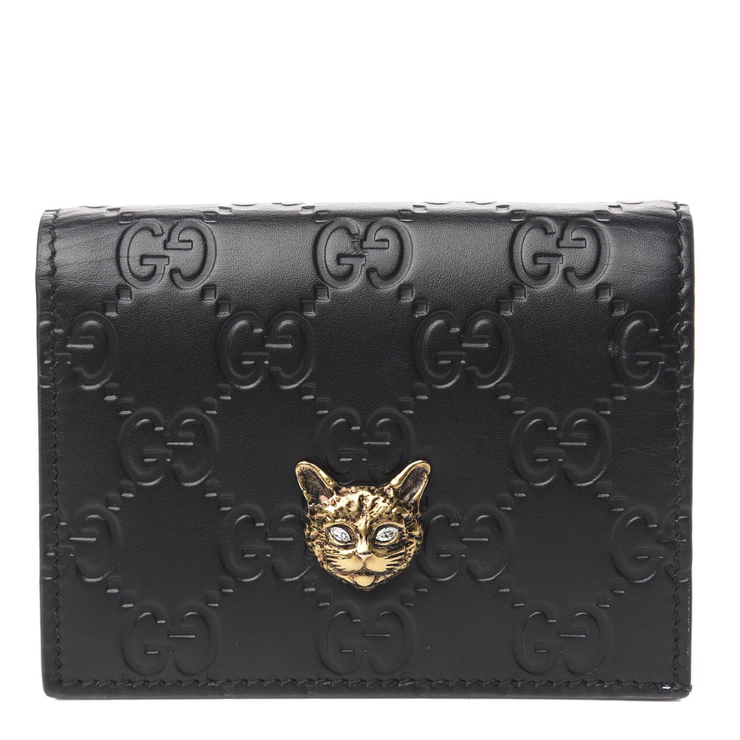 Guccissima Signature Crystal Cat Card Case Wallet Black