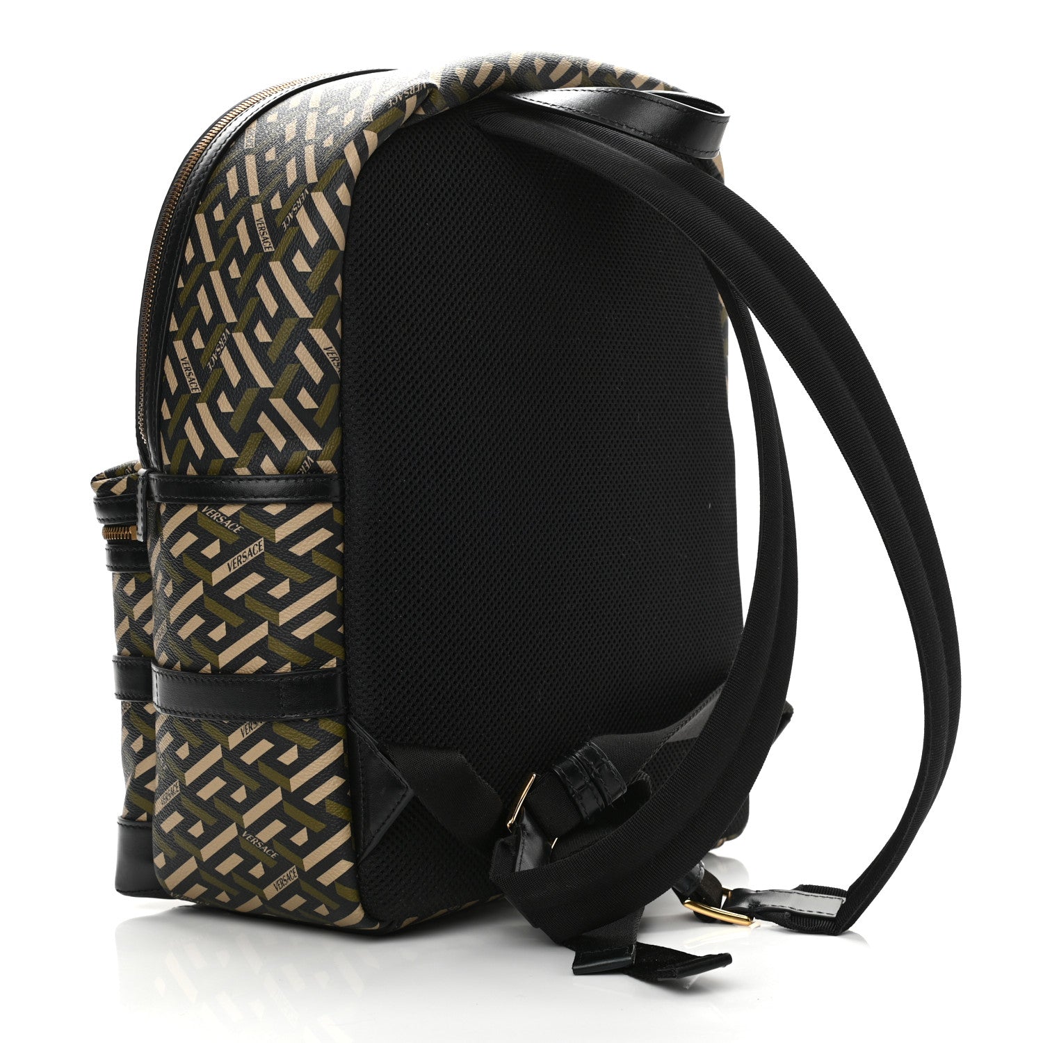 Versace Coated Canvas Calfskin La Greca Signature Backpack Black Khaki 3 of 10