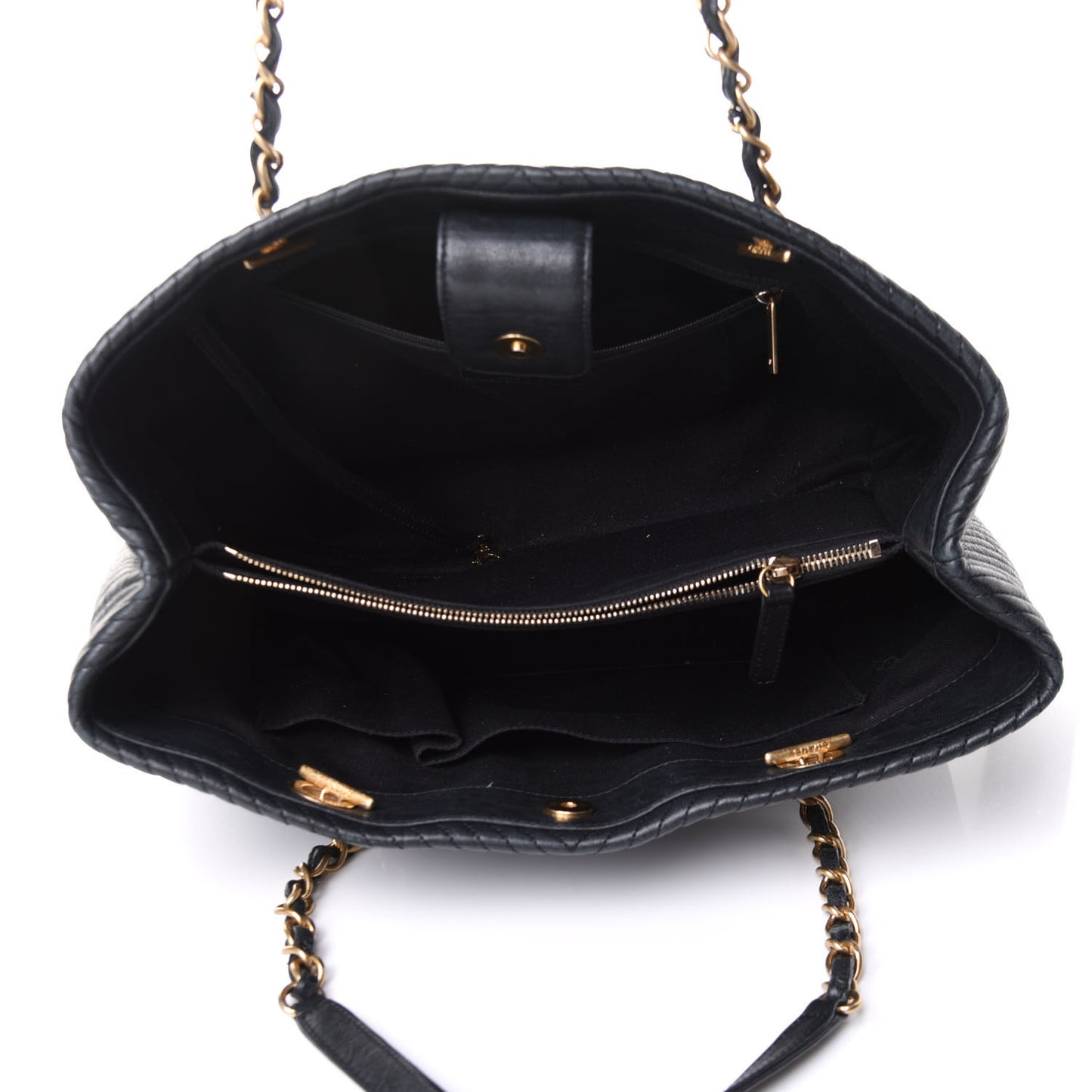Wrinkled Lambskin Chevron Quilted Large Surpique Tote Black