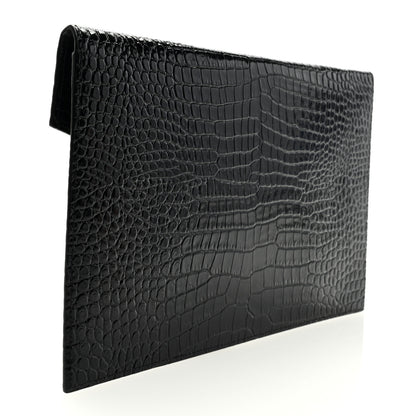 Saint Laurent Calfskin Crocodile Embossed Uptown Monogram Pouch Black 3 of 6