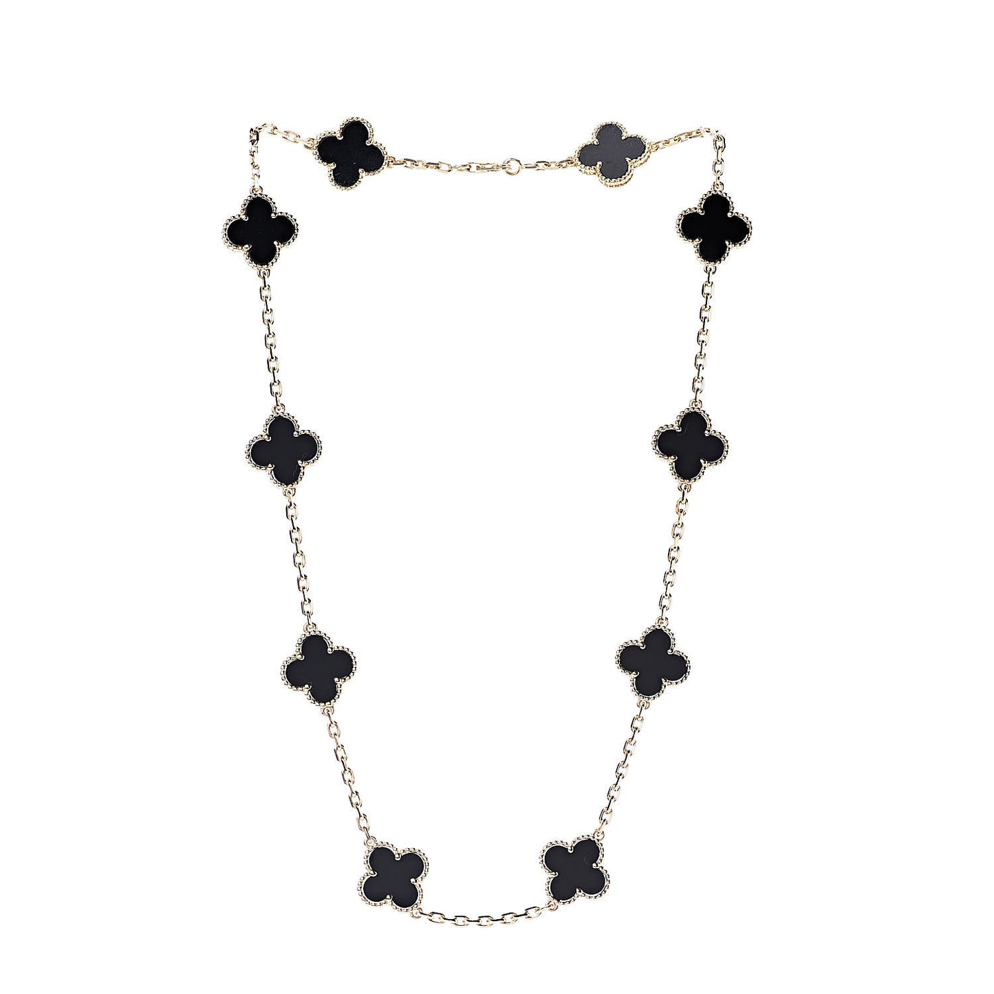 18K Yellow Gold Black Onyx 10 Motifs Vintage Alhambra Necklace
