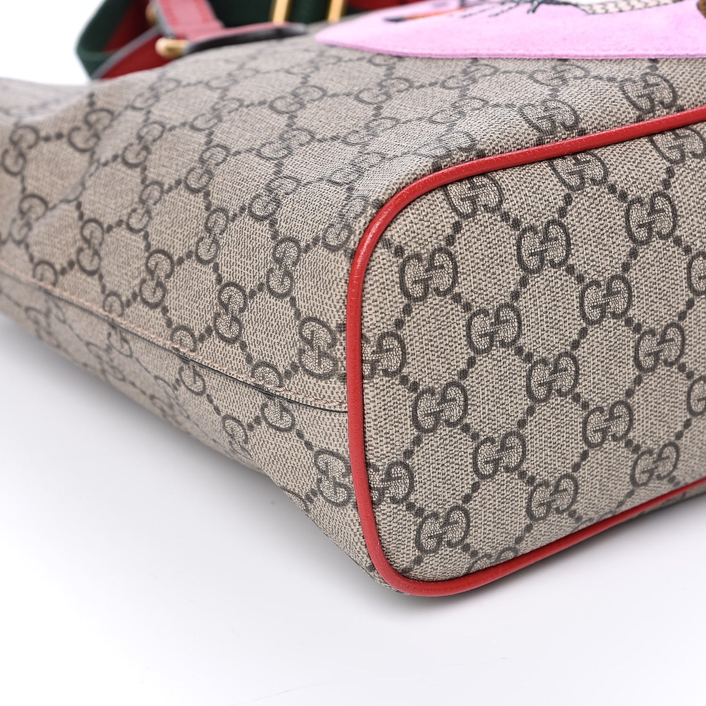 Soft GG Supreme Monogram Web Bosco Patch Small Crossbody Tote Beige Malva Hibiscus Red