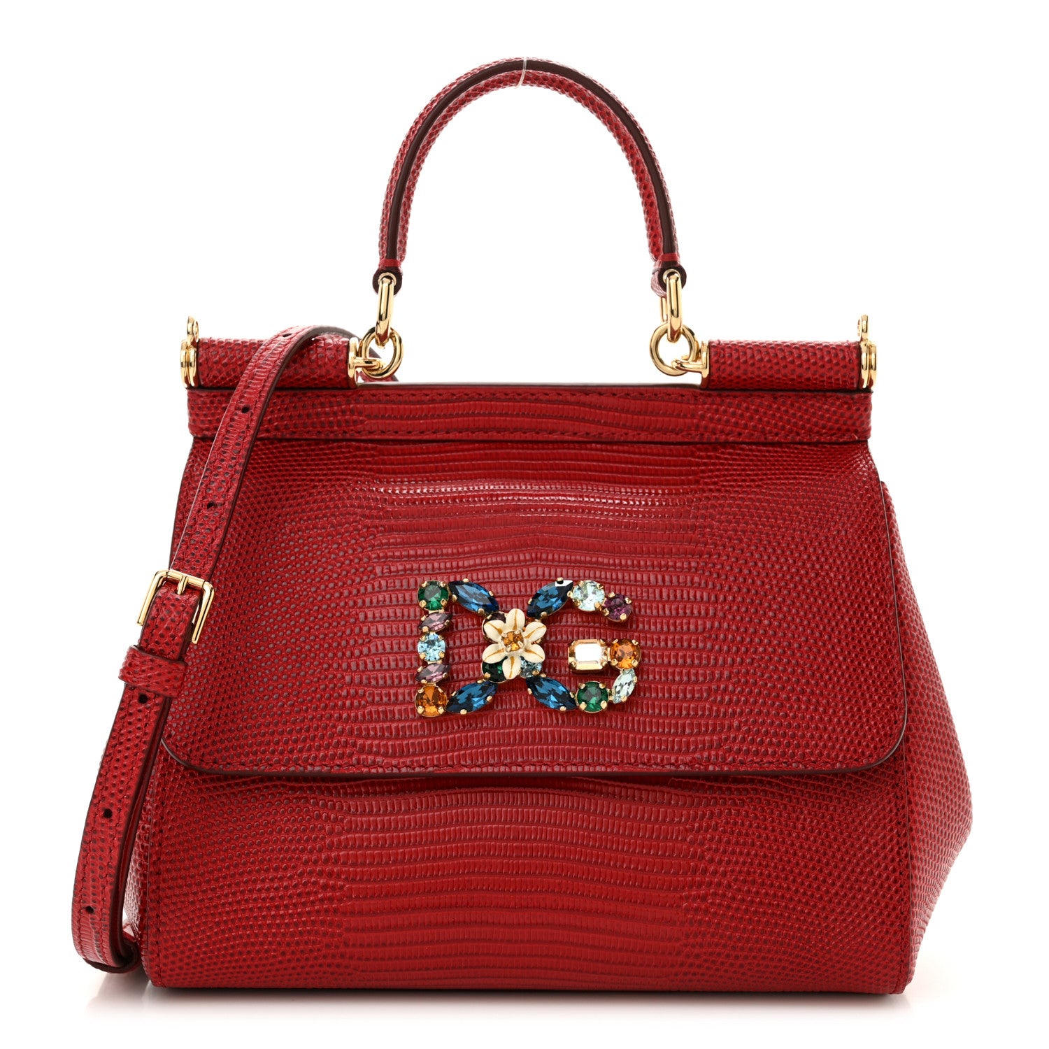Dolce & Gabbana Stampa Iguana Crystal Small Miss Sicily Satchel Red 1 of 10