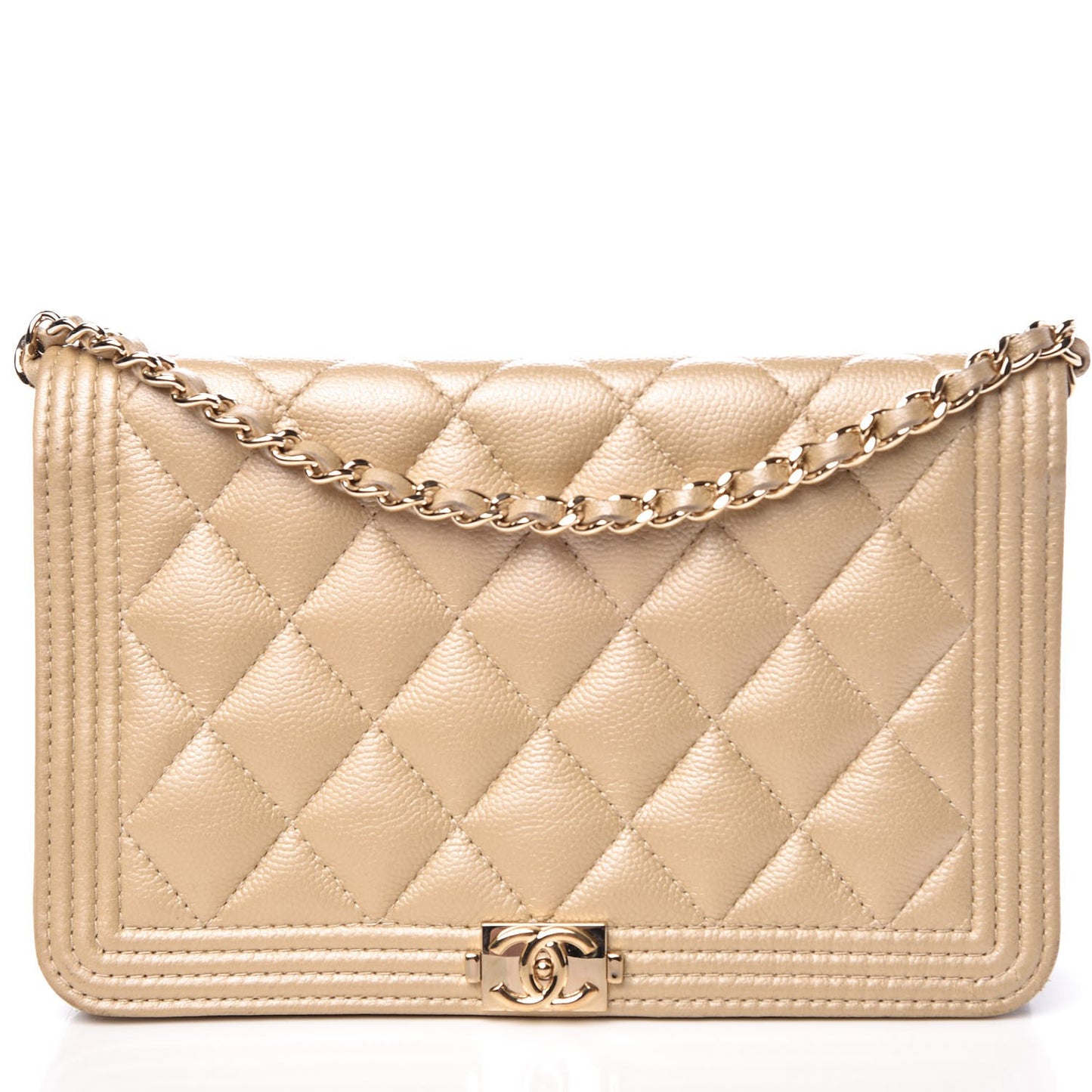 Metallic Caviar Quilted Boy Wallet On Chain WOC Light Gold