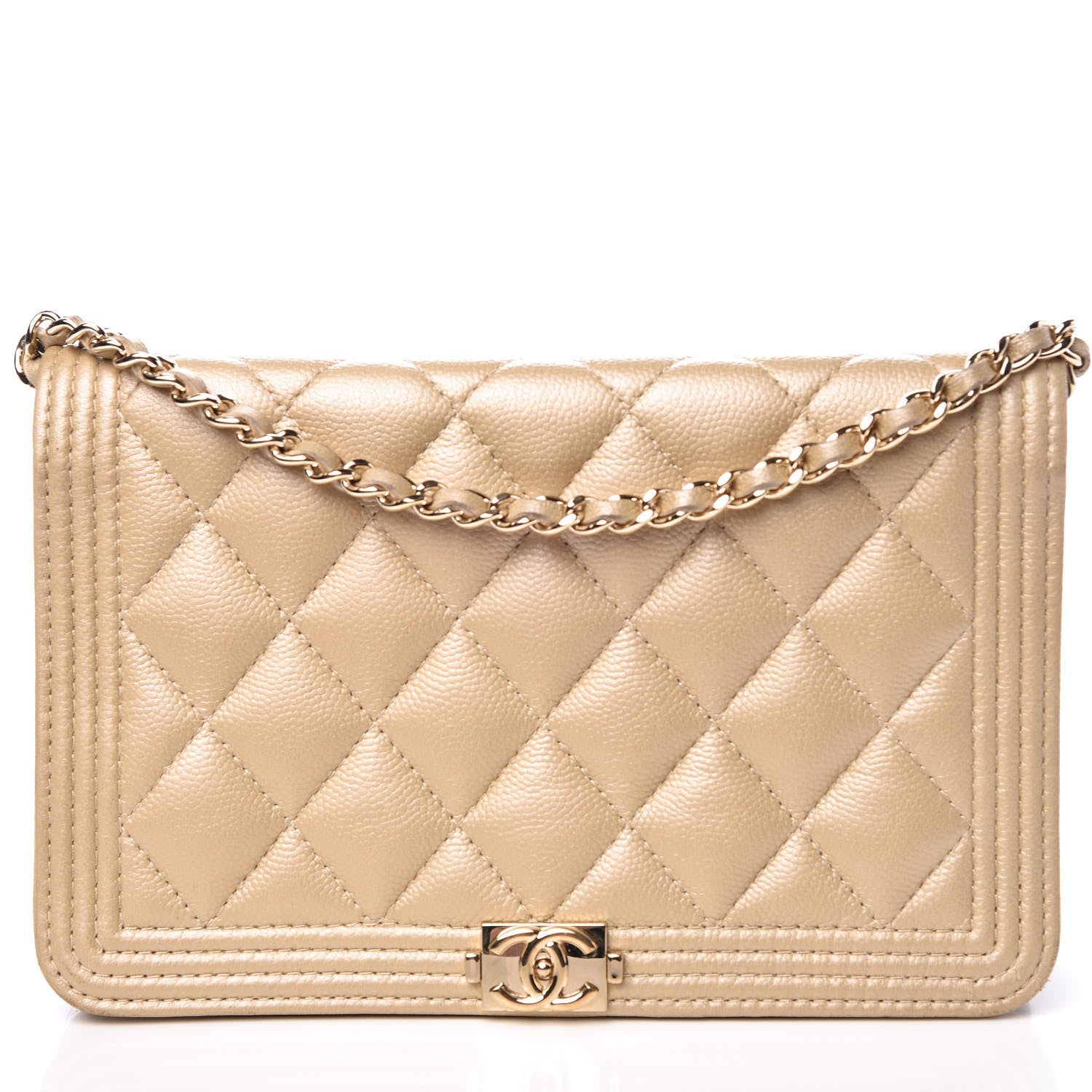 Chanel Metallic Caviar Quilted Boy Wallet On Chain WOC Light Gold 1 of 9