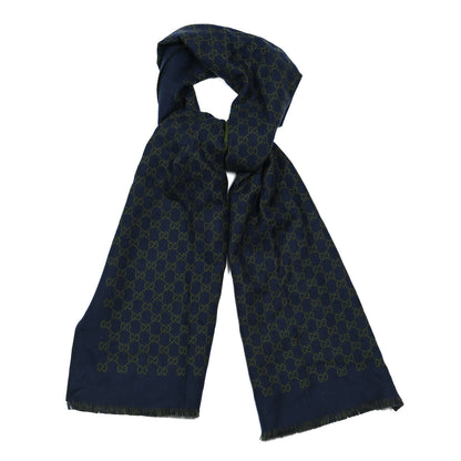 Gucci Wool Jacquard Monogram Fringe Scarf Navy Green 1 of 4