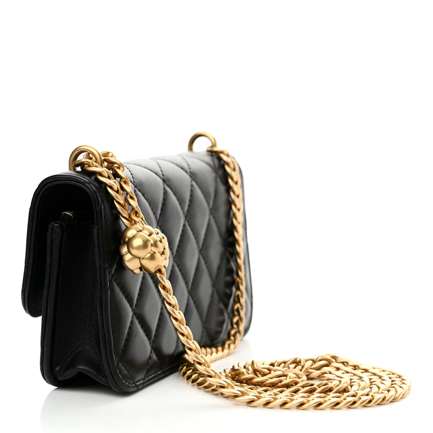 Lambskin Quilted Sweet Camellia Flap Phone Holder With Chain Black