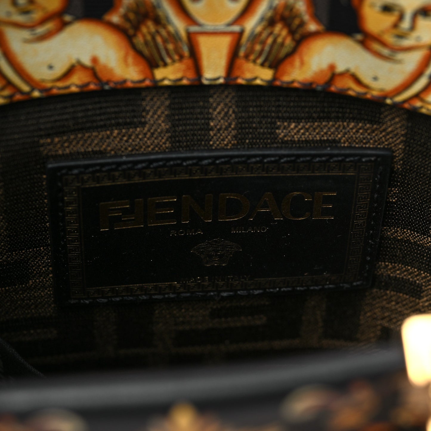 X VERSACE Vitello King Catalan Mirror Plexiglass Fendace FF Baroque Logo Mini Fendi Sunshine Shopper Tote Black Gold
