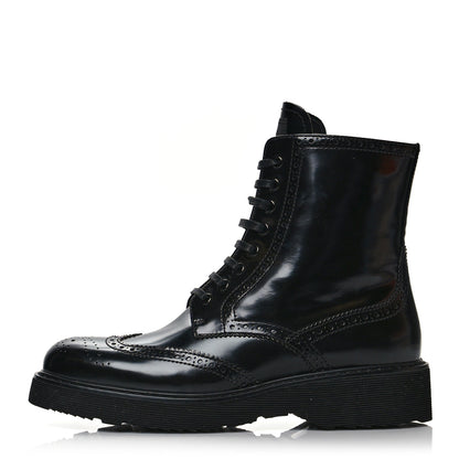 Prada Spazzolato Brogue Perforated Womens Wingtip Combat Boots 38.5 Black 1 of 7