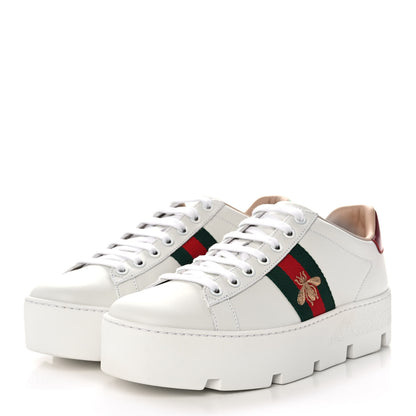 Gucci Calfskin Web Bee Embroidered Womens Ace Platform Sneakers 37.5 White 3 of 9