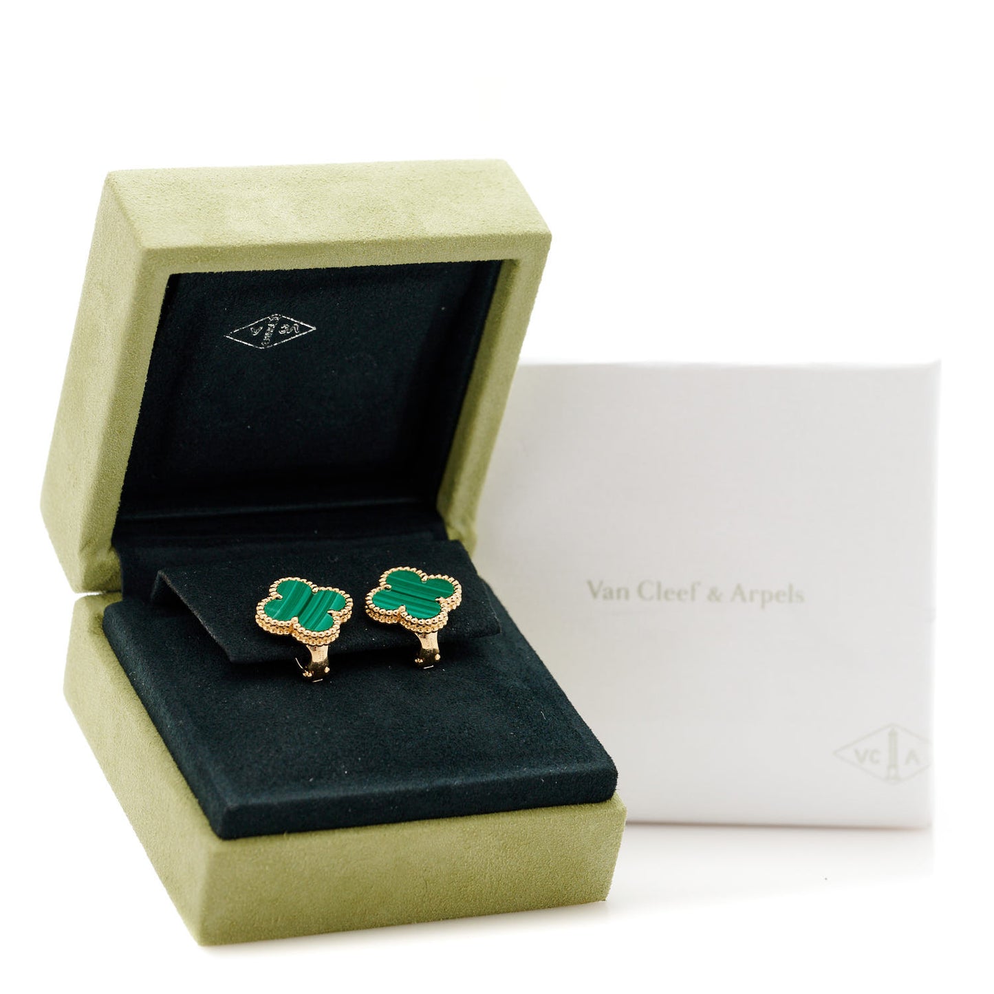 18K Yellow Gold Malachite Vintage Alhambra Earrings