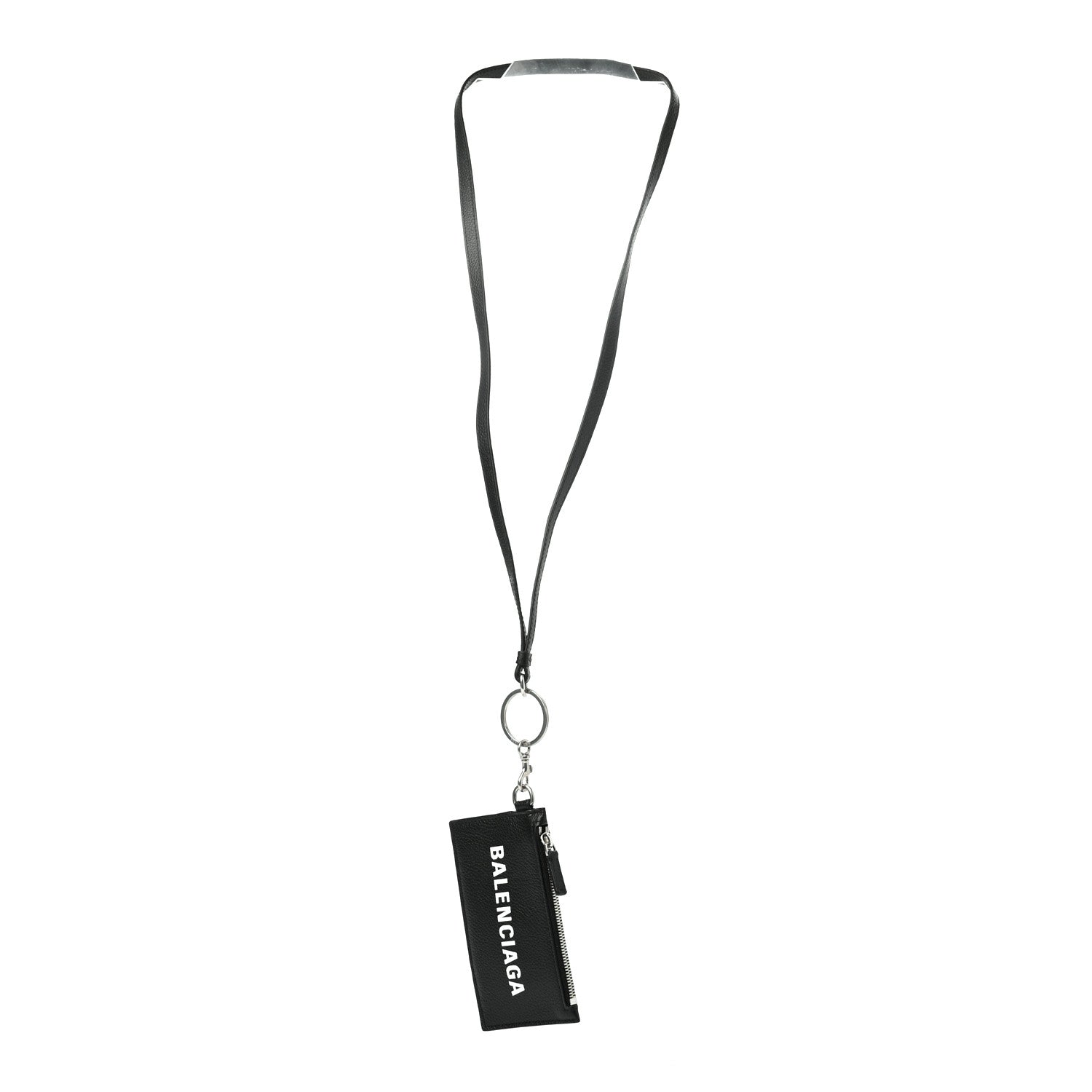 Balenciaga Grained Calfskin Logo Cash Coin Card Holder On Keychain Black White 1 of 7