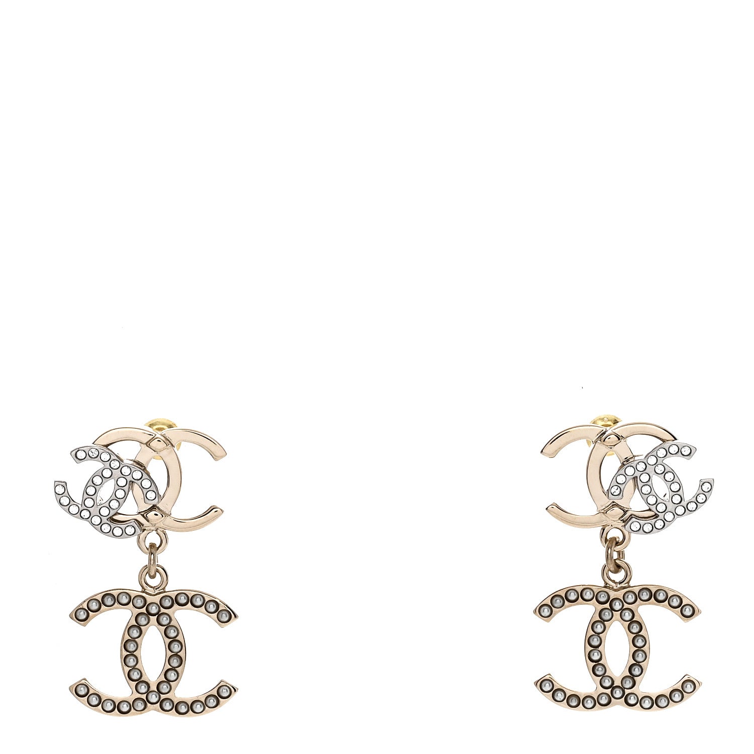 Chanel Crystal Pearl Double CC Drop Earrings Gold Silver 1 of 5