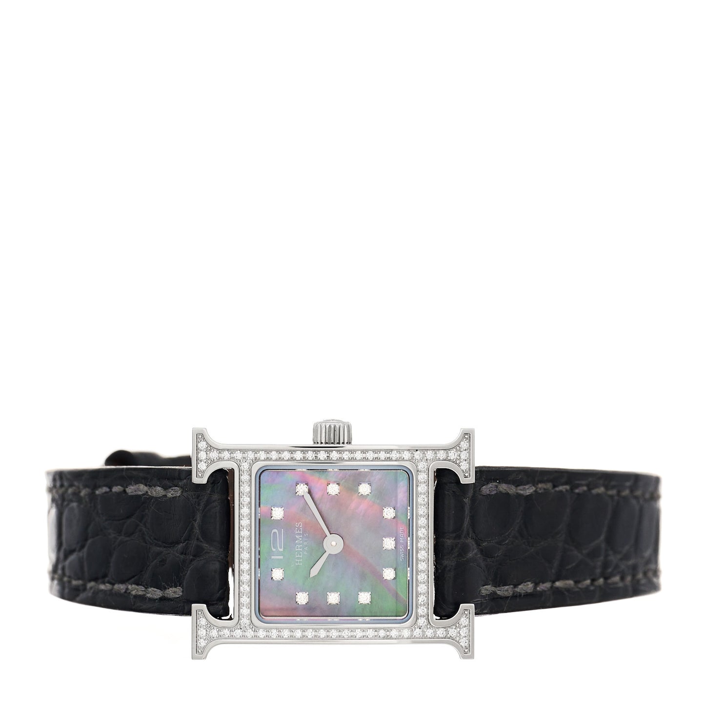 Stainless Steel Alligator Diamond Bezel Black Mother of Pearl 17.2mm Heure H Hour Quartz Watch Graphite