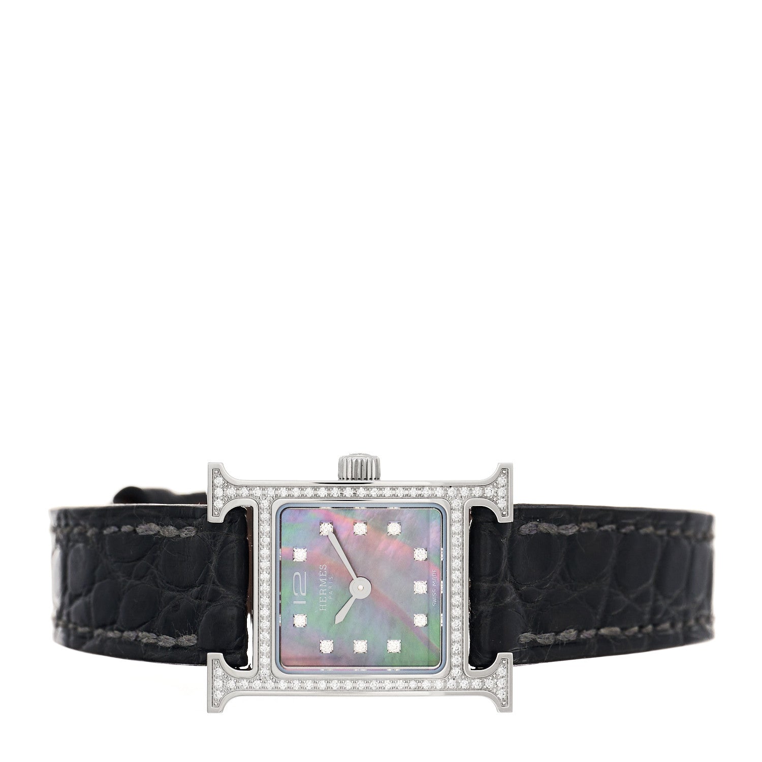 Hermes Stainless Steel Alligator Diamond Bezel Black Mother of Pearl 17.2mm Heure H Hour Quartz Watch Graphite 2 of 5