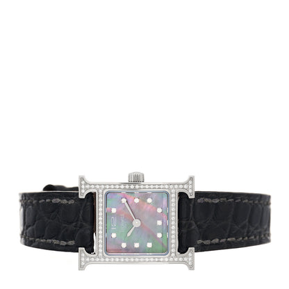 Hermes Stainless Steel Alligator Diamond Bezel Black Mother of Pearl 17.2mm Heure H Hour Quartz Watch Graphite 2 of 5