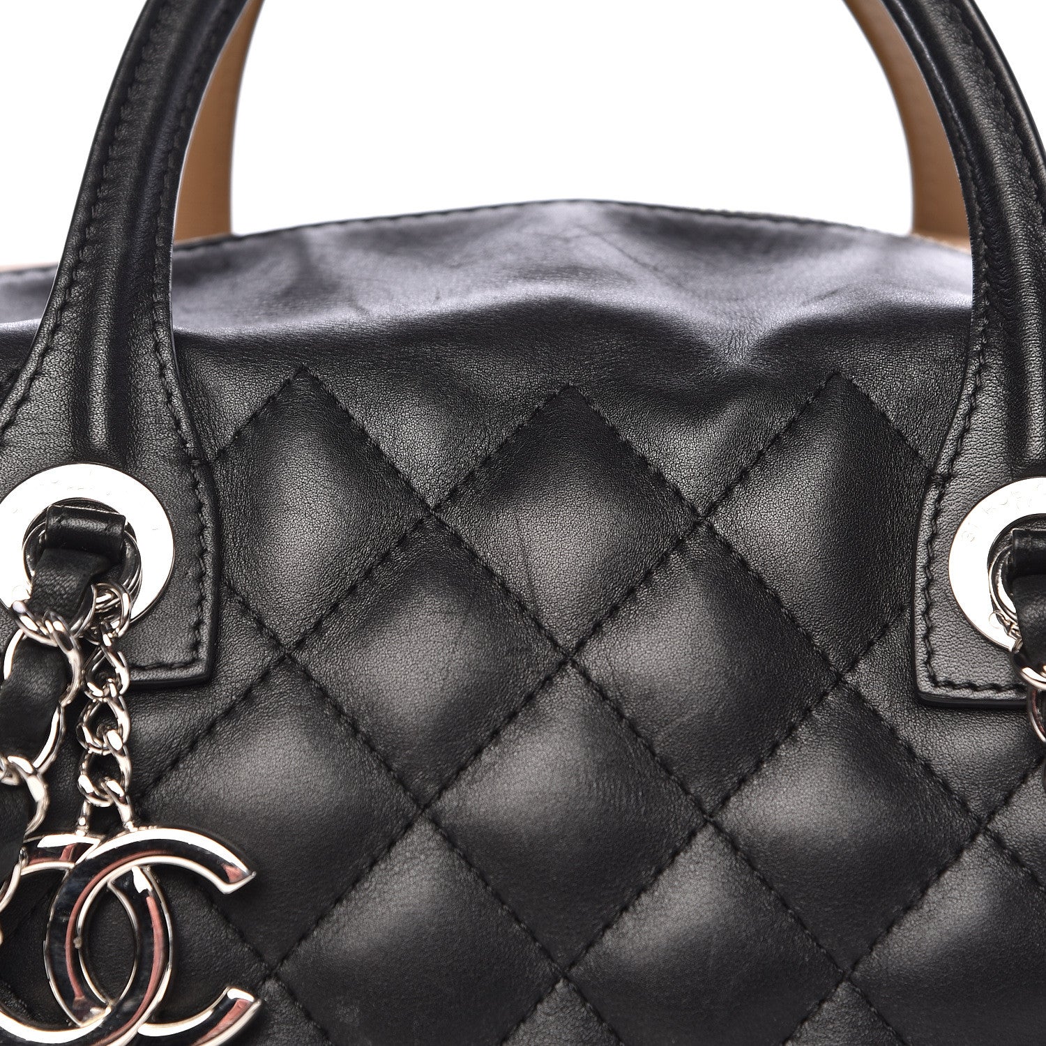 Chanel Calfskin Quilted Feather Weight Bowling Bag Black Beige 14 of 14