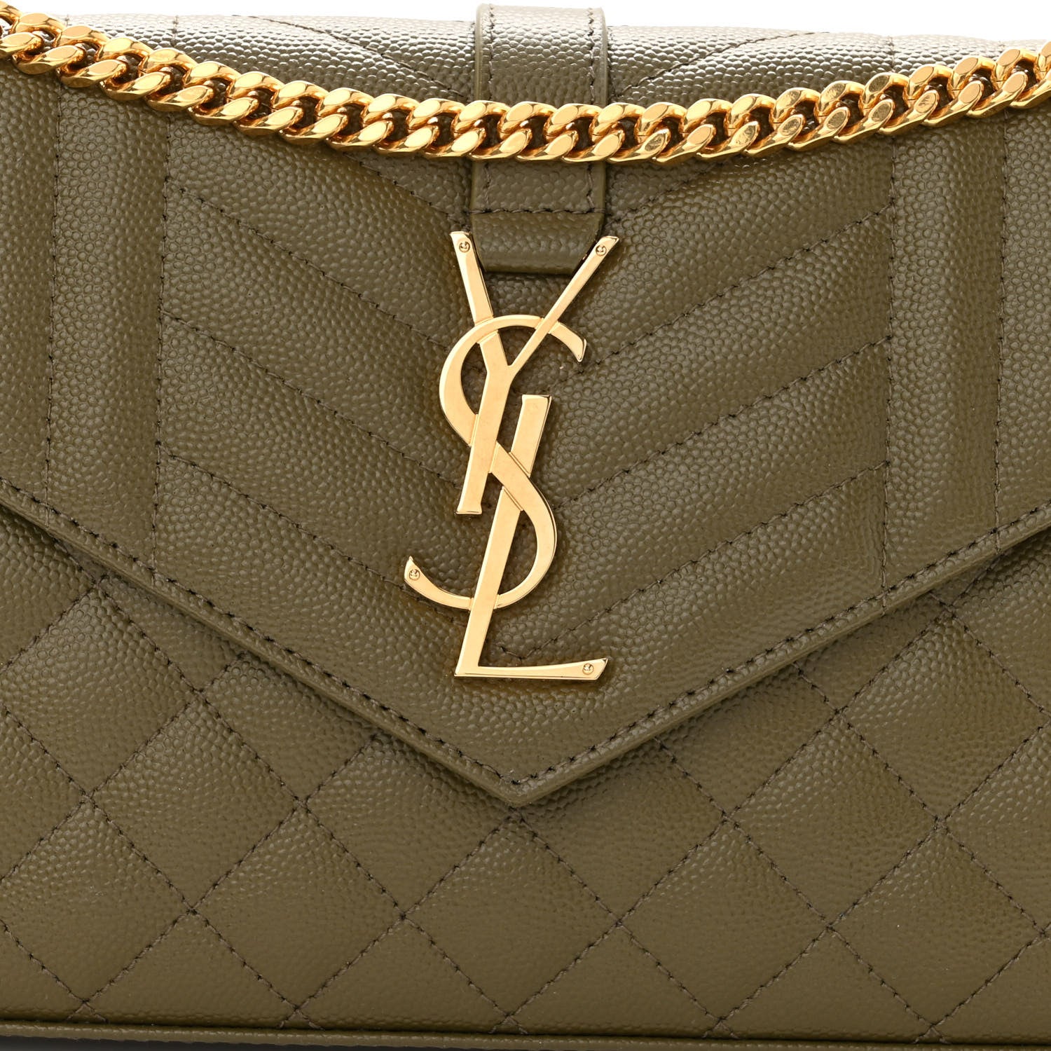 Saint Laurent Grain De Poudre Mixed Matelasse Triquilt Monogram Chain Wallet Kaki 6 of 8