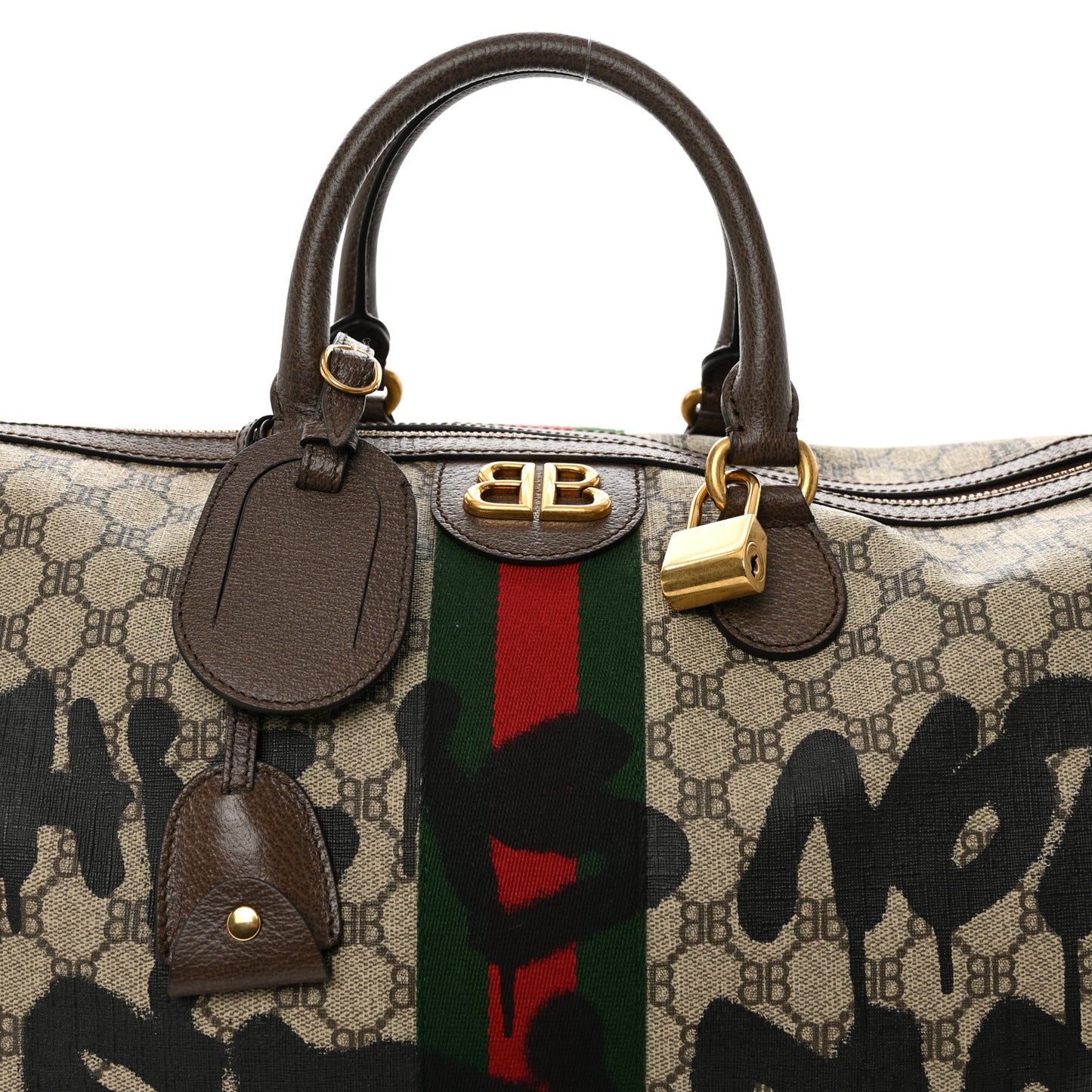 X BALENCIAGA BB Monogram Web Graffiti Medium Ophidia Carry-On Duffle Bag Beige New Acero