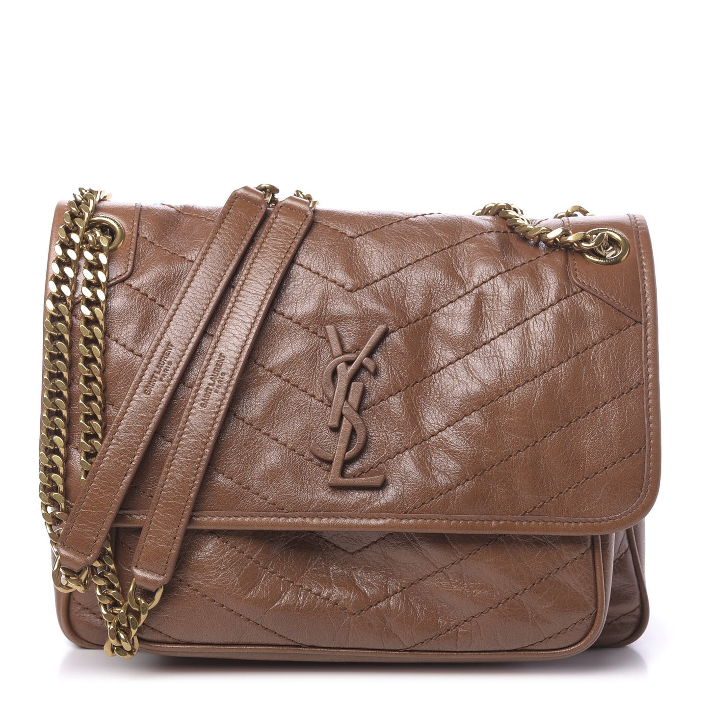 Crinkled Calfskin Matelasse Monogram Medium Niki Chain Satchel Caramel