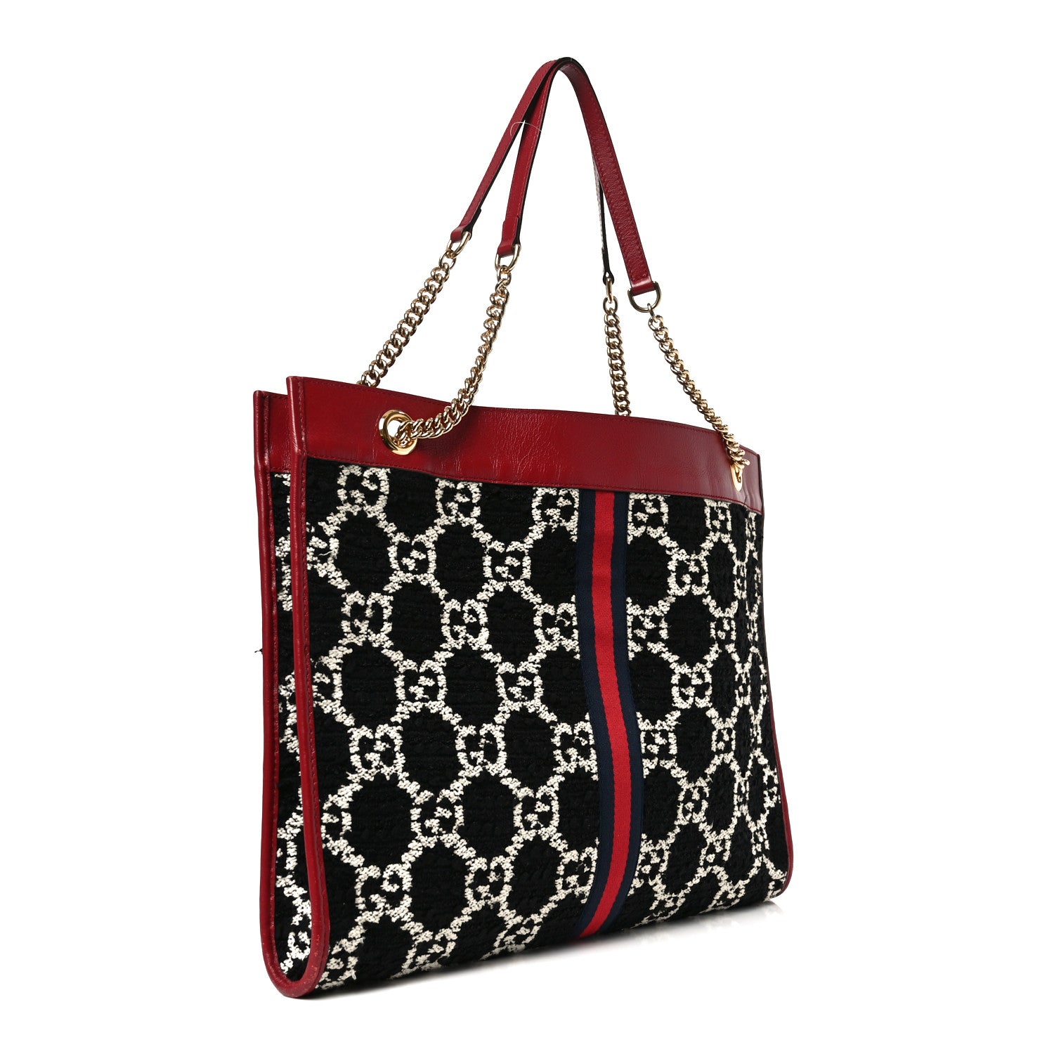 Gucci Rajah バッグ 黒と赤 チェーンストラップ付き Gucci Tweed GG Monogram Large Rajah Chain Tote Romantic Cherry