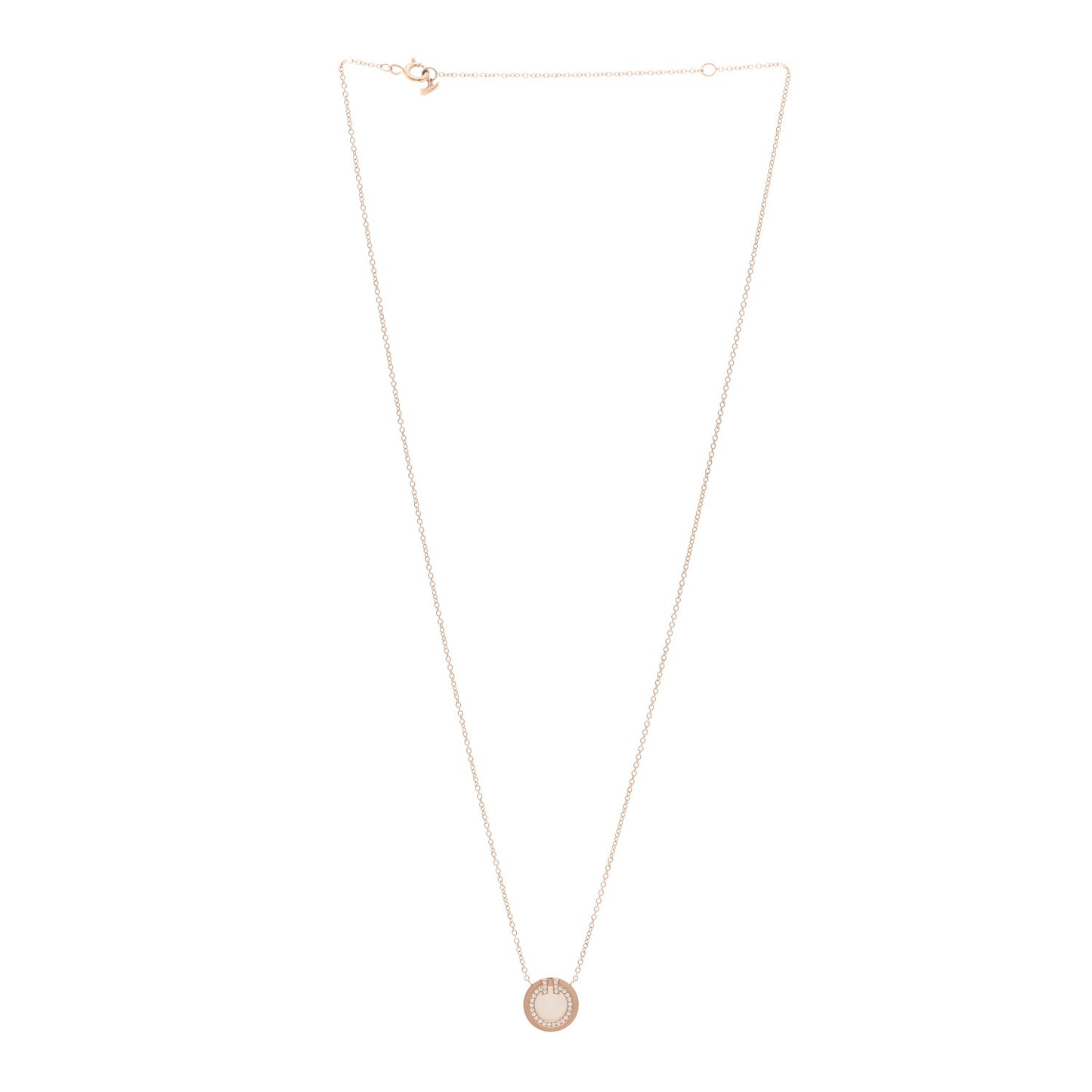 18K Rose Gold Diamond Mother of Pearl Small T Circle Pendant Necklace