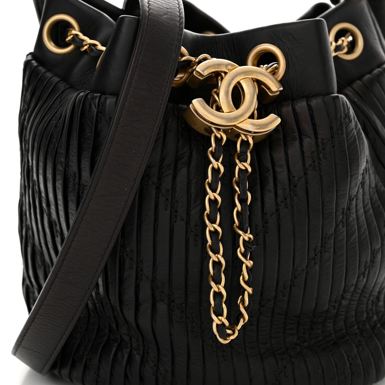 Chanel Iridescent Crumpled Calfskin Coco Pleats Small Drawstring Bag Black 8 of 10