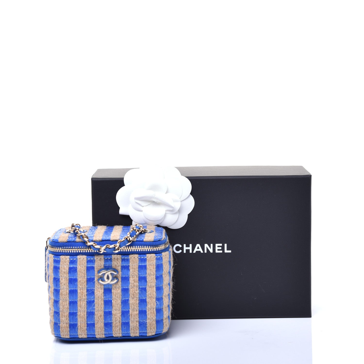 Chanel Raffia Jute Striped Mini Vanity Case With Chain Blue Beige 9 of 9