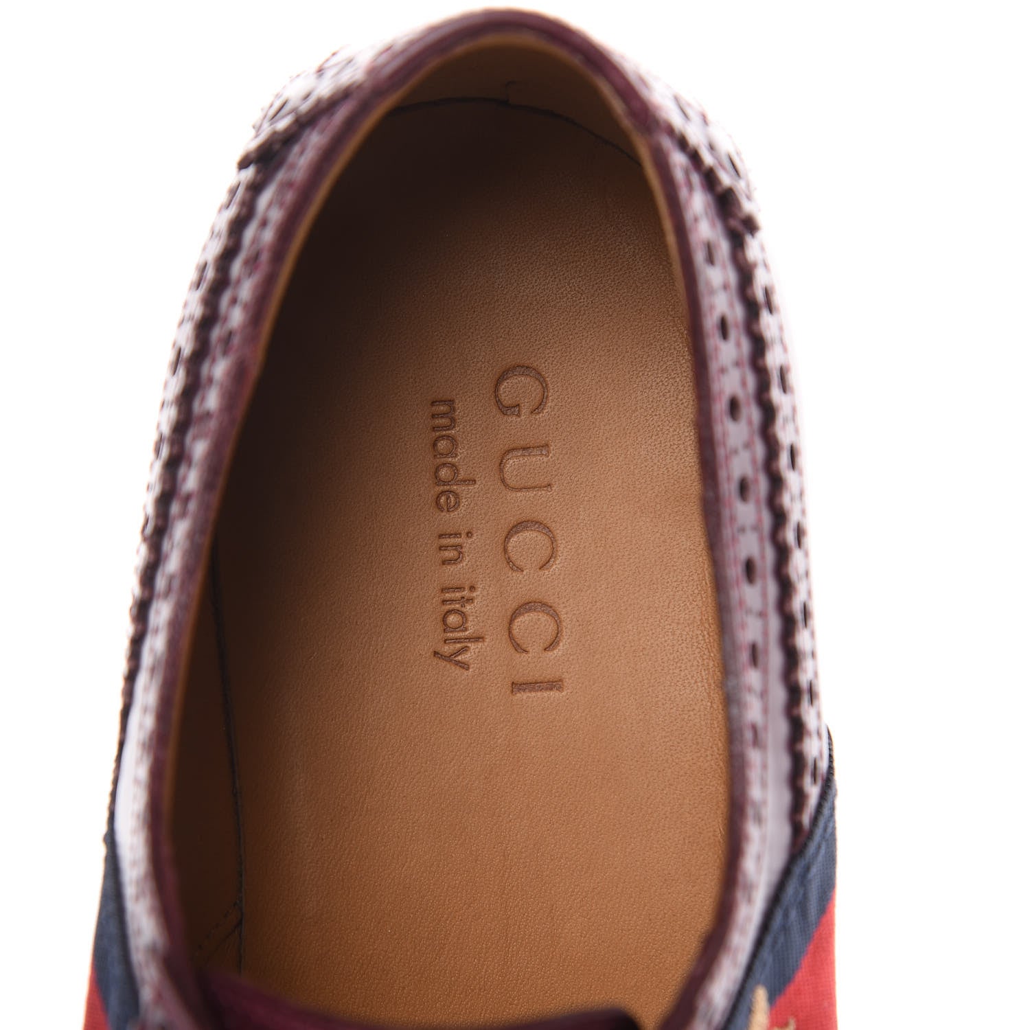 Gucci Calfskin Web Bee Embroidered Mens Slip-On Brogue Wingtip Derby Shoes 7 Bordeaux 7 of 11