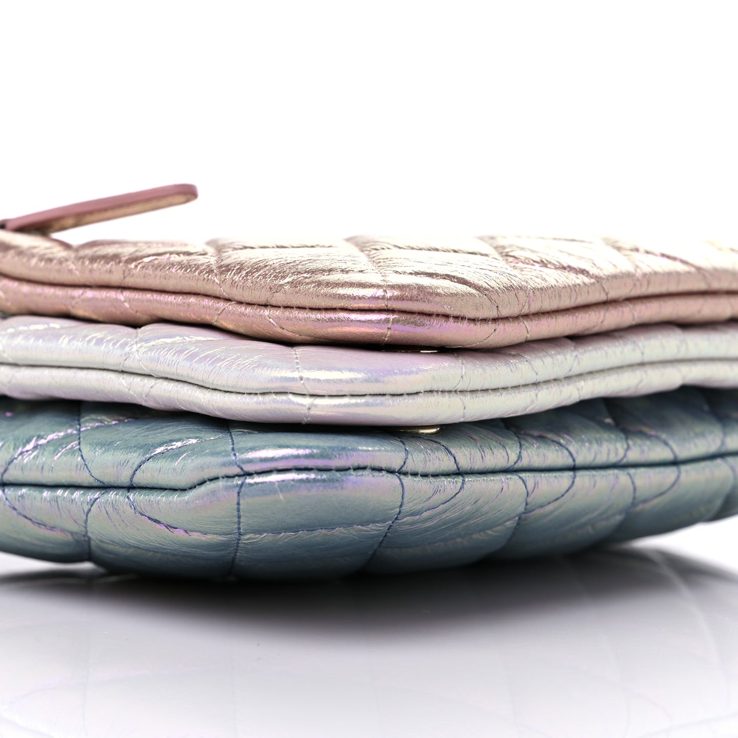 Iridescent Crumpled Calfskin Trio Cosmetic Case Blue Pink Ivory