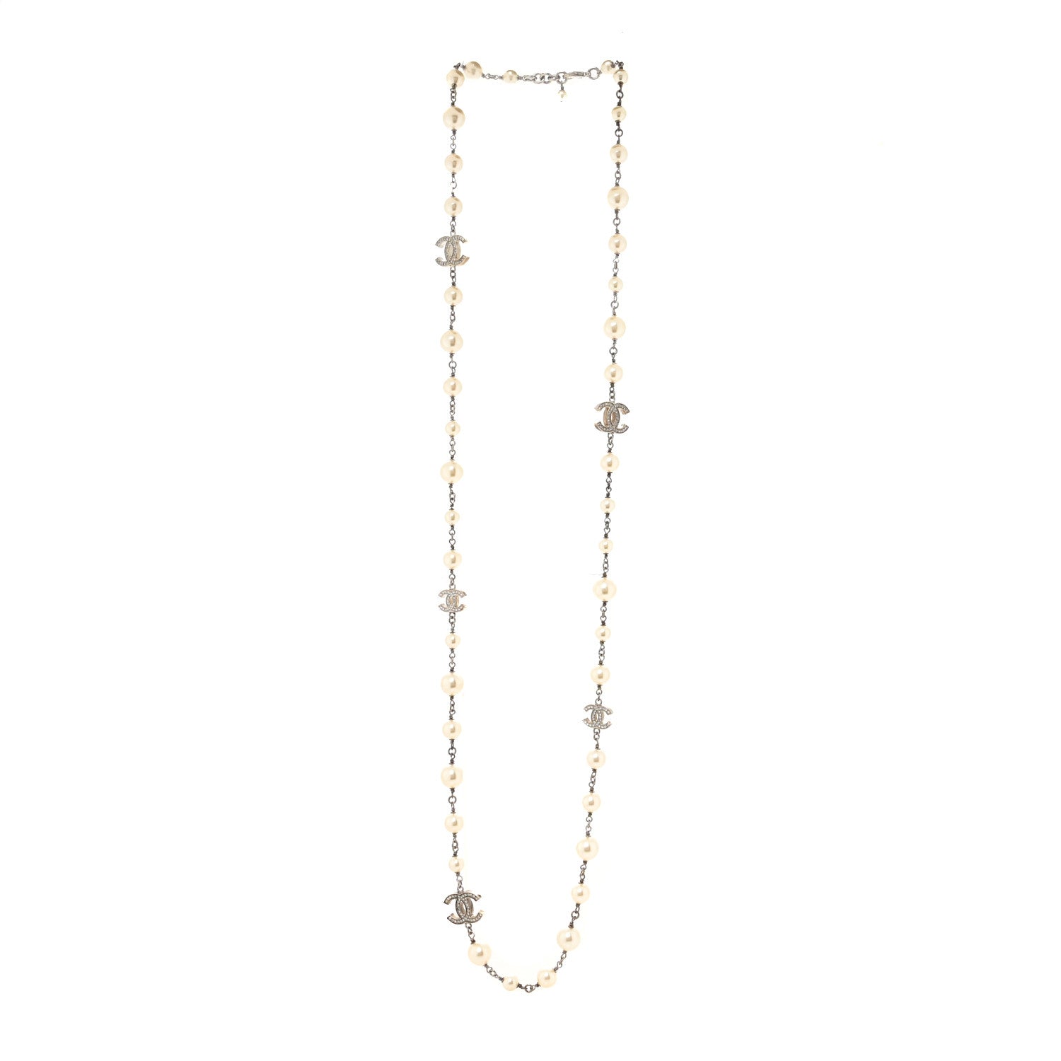 Chanel Graduated Pearl Crystal CC Long Necklace Silver 2 of 3