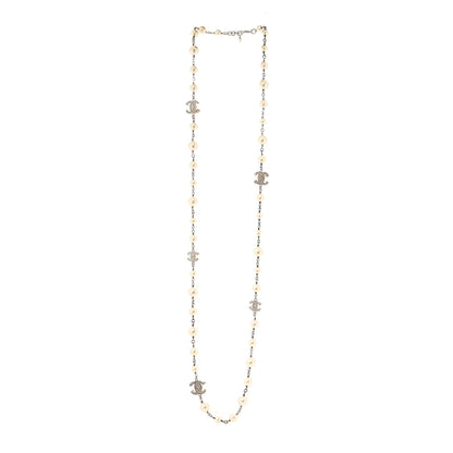 Chanel Graduated Pearl Crystal CC Long Necklace Silver 2 of 3