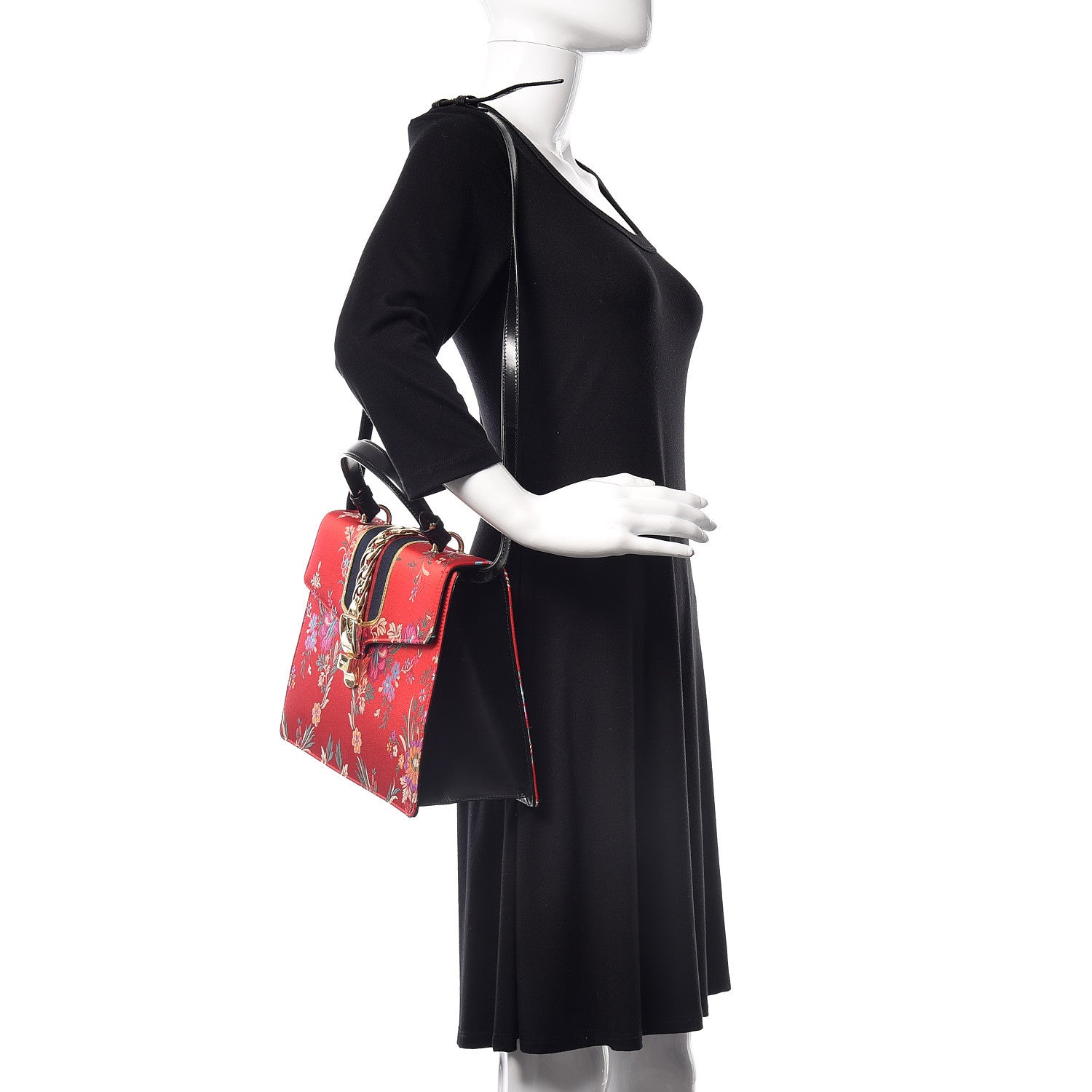 Gucci Jacquard Floral Medium Sylvie Top Handle Bag Red Multicolor Black 2 of 14