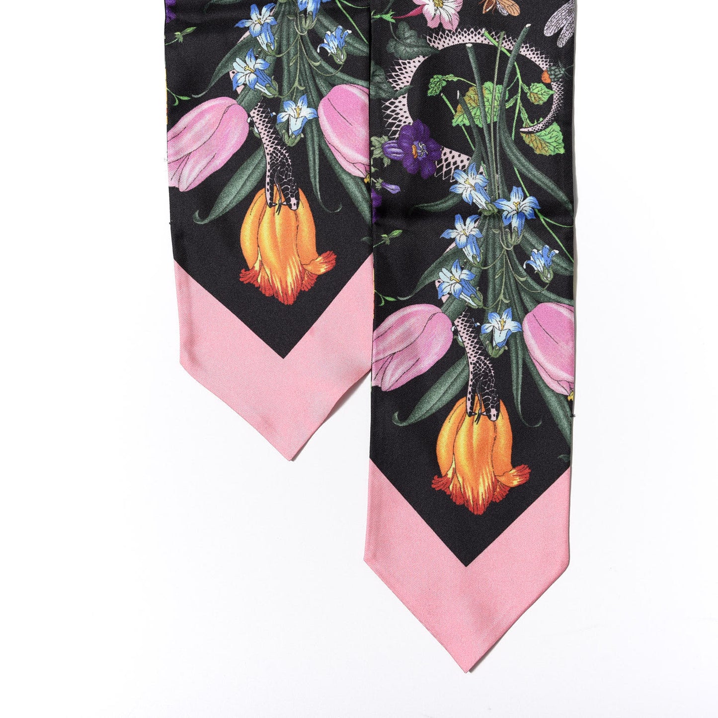 Silk Twill Flora Snake Neck Bow Scarf Black Pink