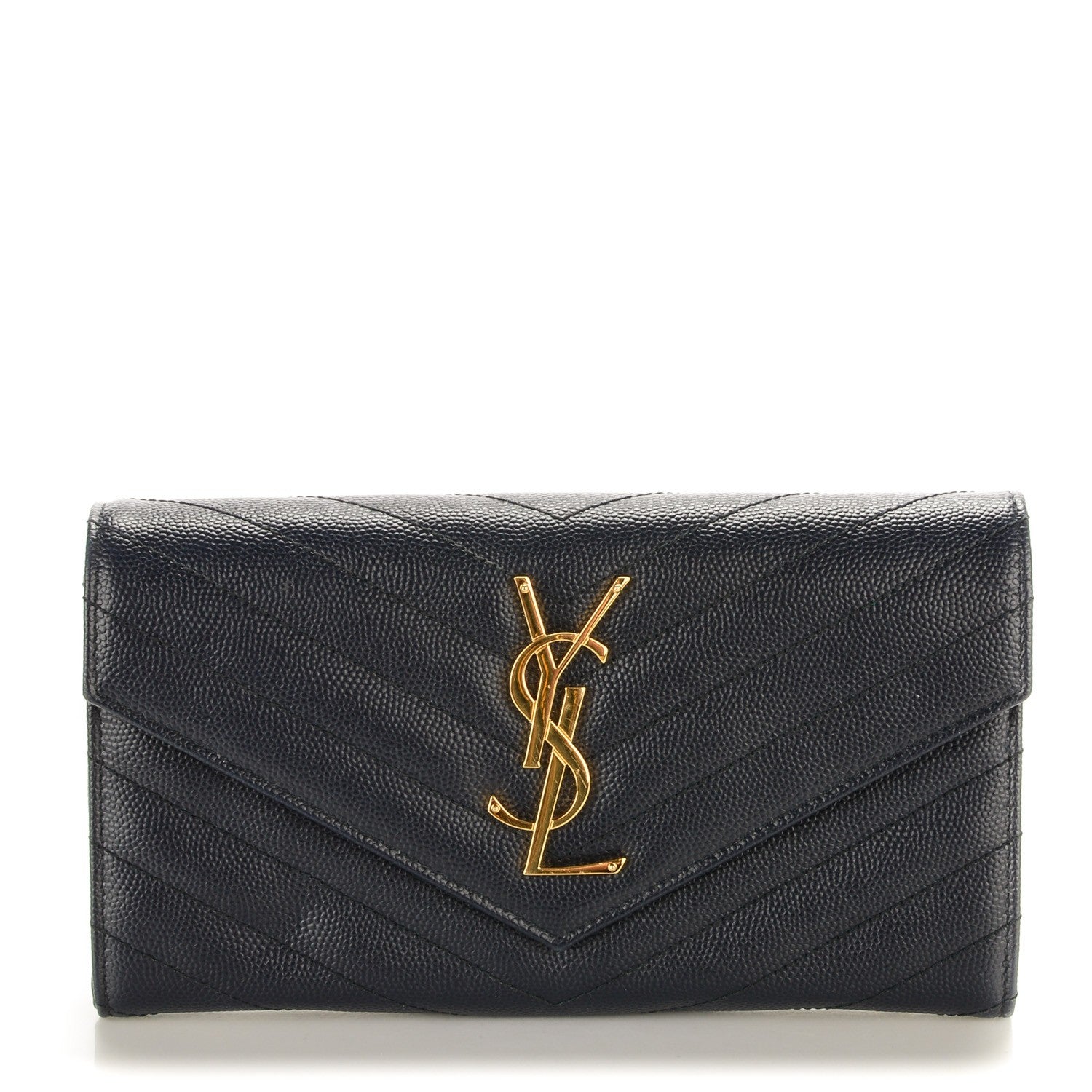Saint Laurent Grain De Poudre Matelasse Chevron Monogram Flap Wallet Navy 1 of 7